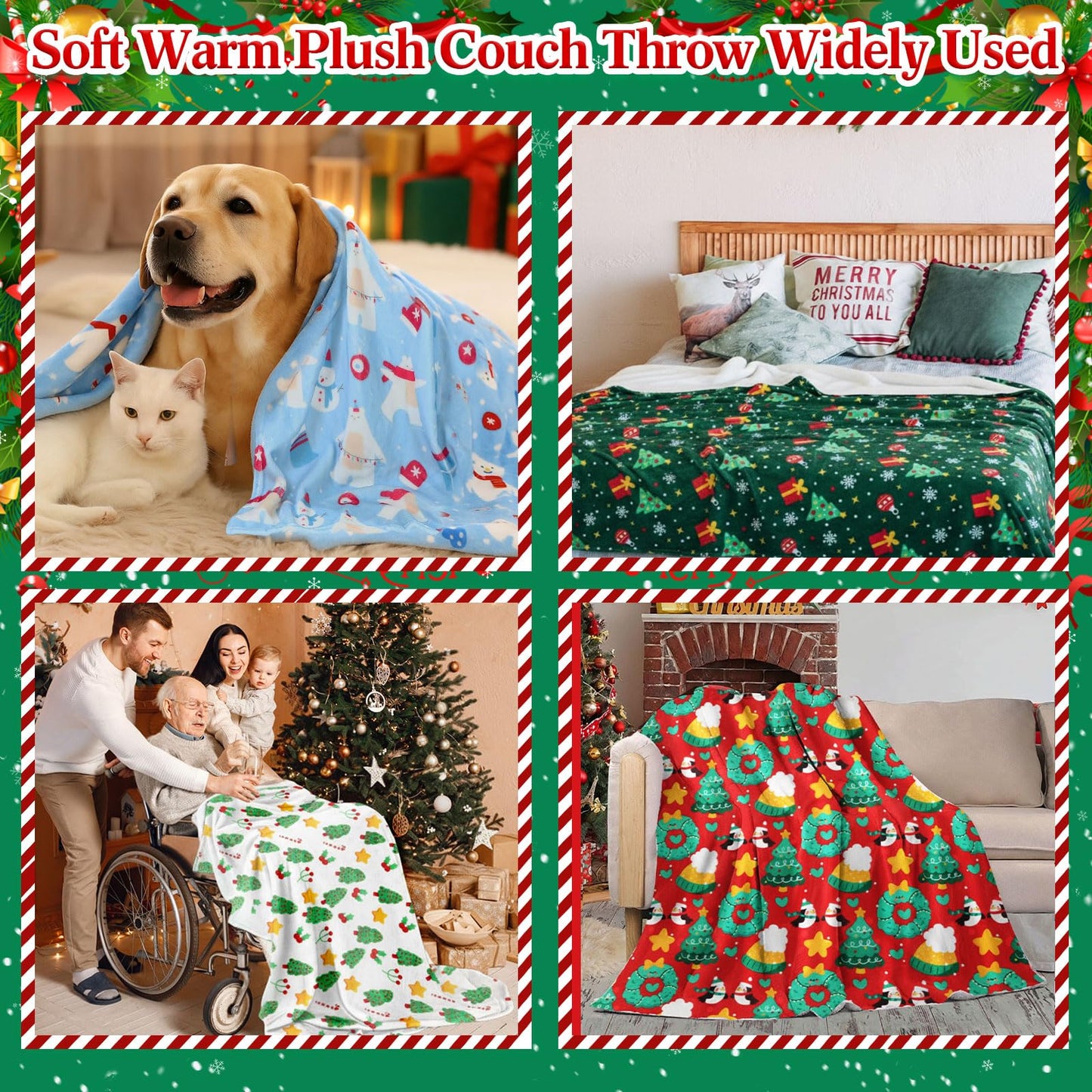 Windkream 12 Pcs Christmas Throw Blankets for Homeless with Ribbon Xmas Flannel Fleece Blankets Gingerbread Snowman Lightweight Soft Plush Couch Throw for Bedroom Winter (50 x 60 Inch)