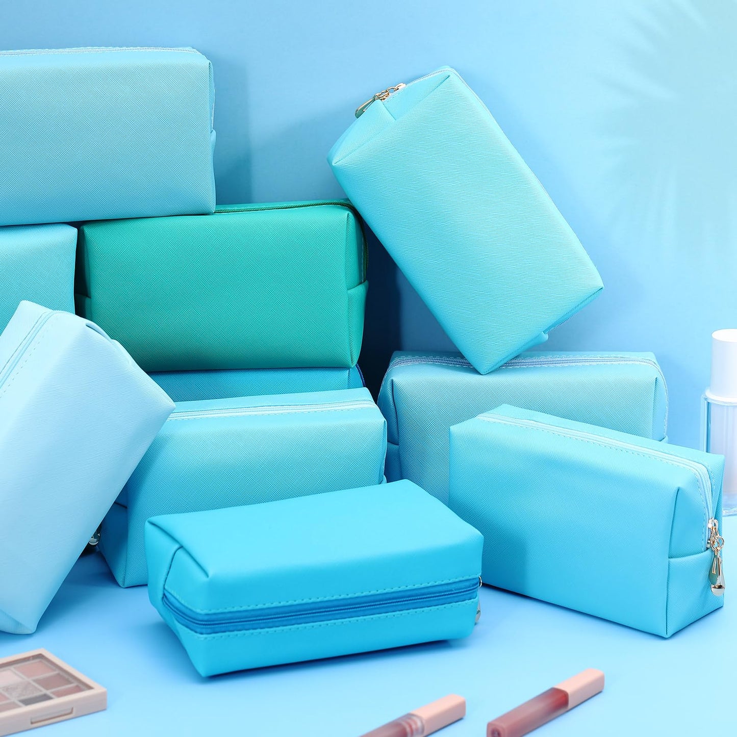 Kigeli Aesthetic Makeup Bags PU Leather Cosmetic Pouches Waterproof Plain Toiletry Bags Makeup Pouches Bulk for Women Party Gift Travel Storage Organizer(Blue Teal,7.1 x 2.8 x 4.3 in)