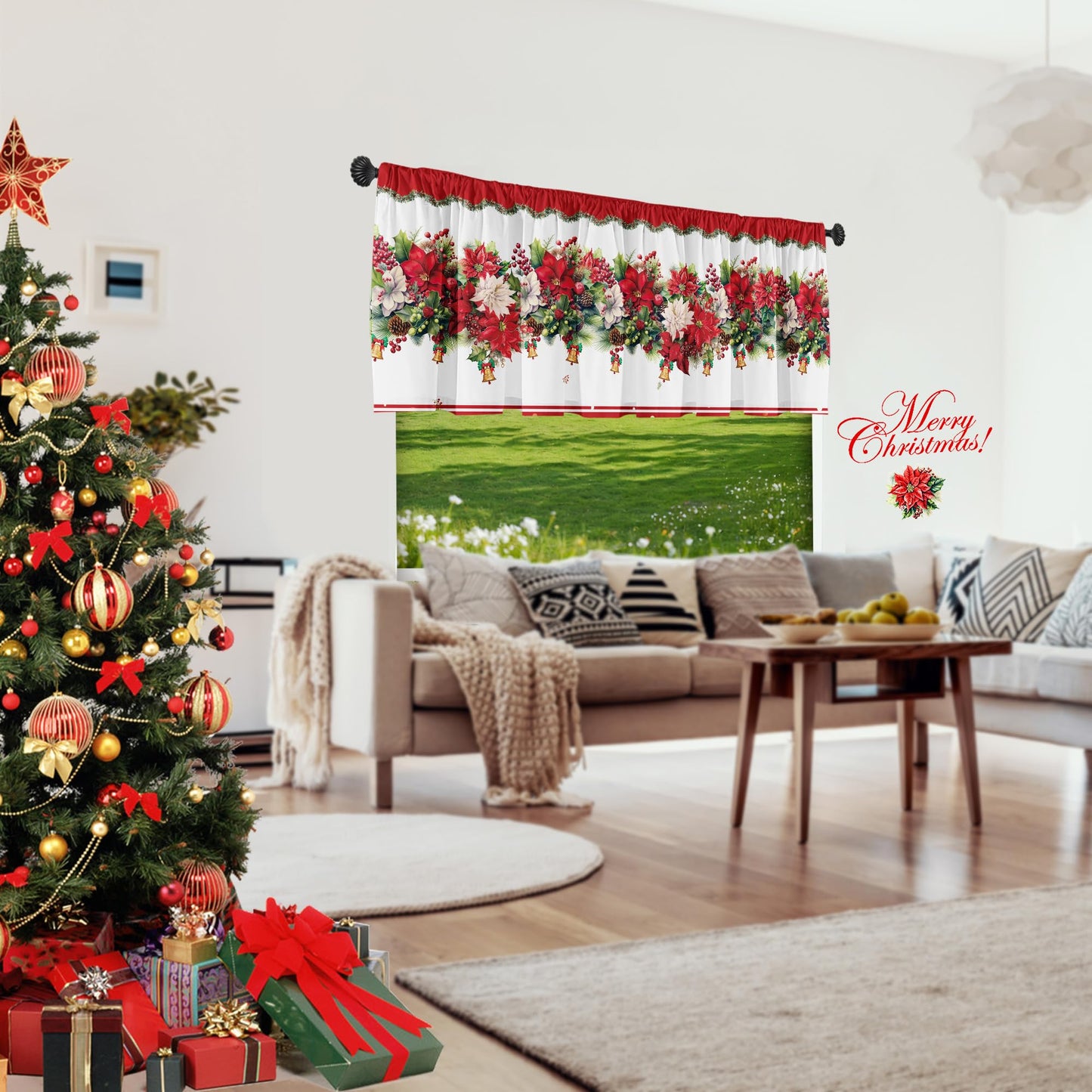 SUNWISHA Christmas Poinsettia Curtains Valance for Kitchen Window 52 x 18 Inch Window Decor Red