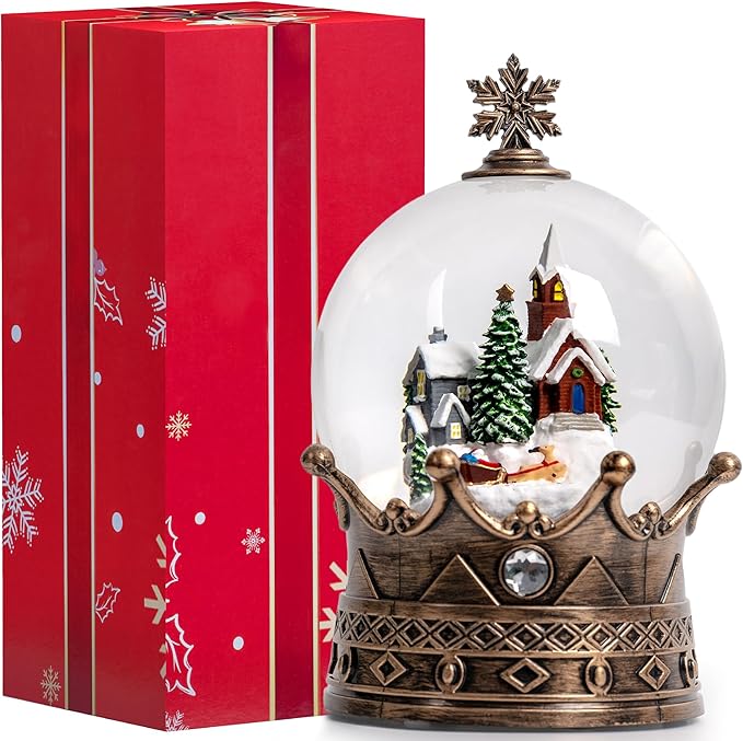 Christmas Snow Globe Lantern Water Glittering Village & Santa Crown with Music, USB Lined/Battery Operated Lighted Lantern for Christmas Festival Decoration Gifts