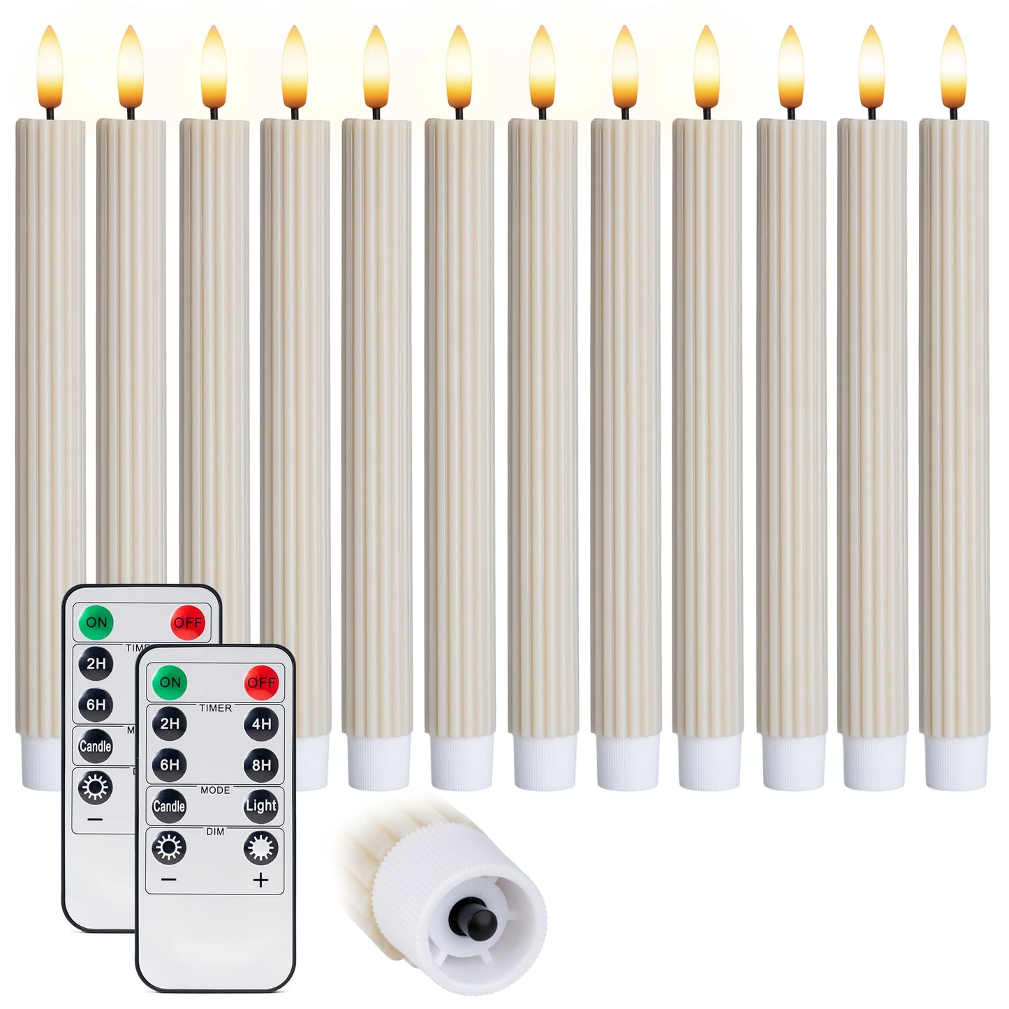 West Ivory 12 Pack, 10" LED Flameless Real Wax Cream Beige Fluted Ribbed Grooved Taper Candles, Remote & 24h Timer Memory, On/Off Button, Dimmable, Flicker Mode, Battery Operated, Wedding