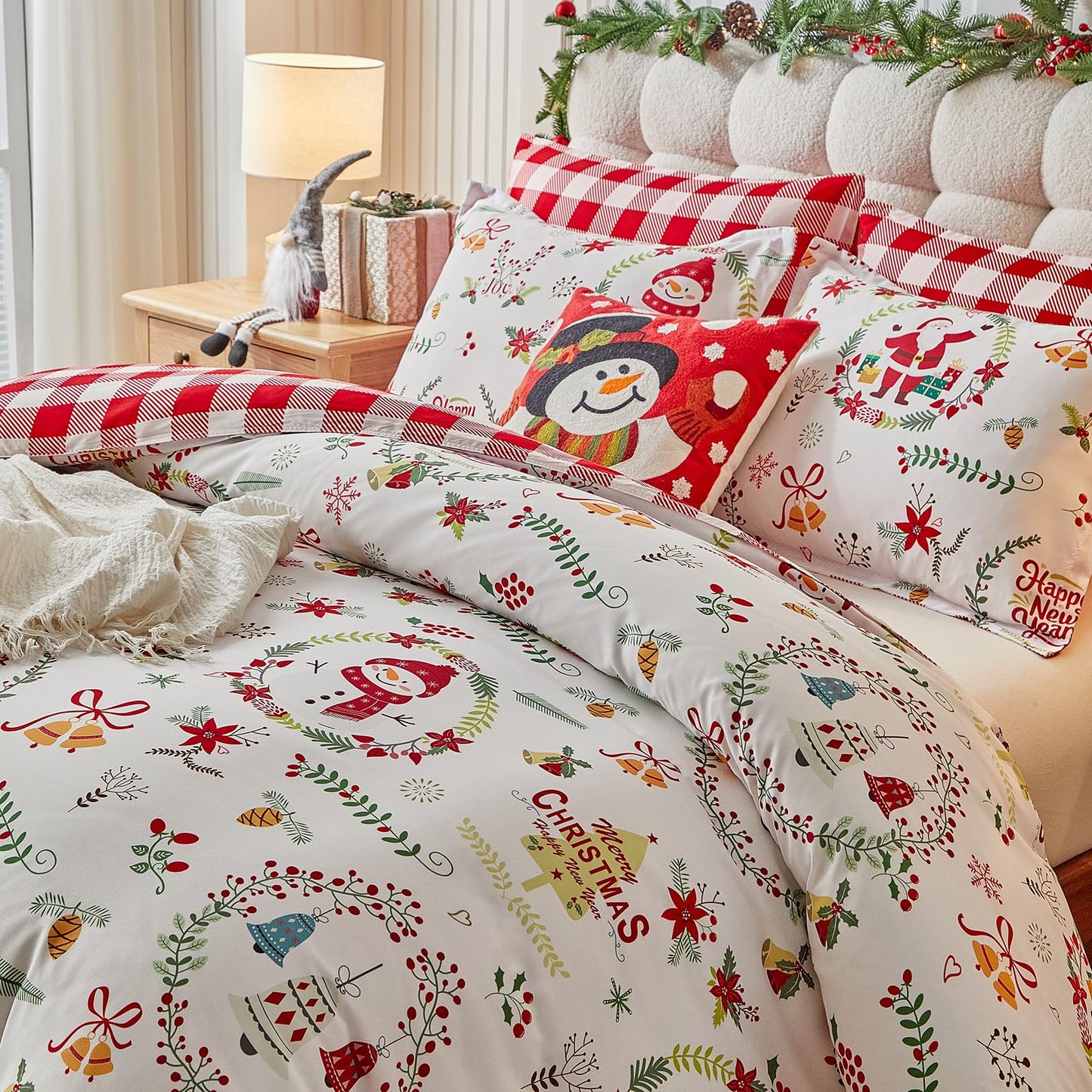 Joyreap 3pcs Christmas Duvet Cover Set King, Xmas Wreaths and Santa Claus Design Comforter Cover Set, Includes 1 Duvet Cover and 2 Pillow Shams