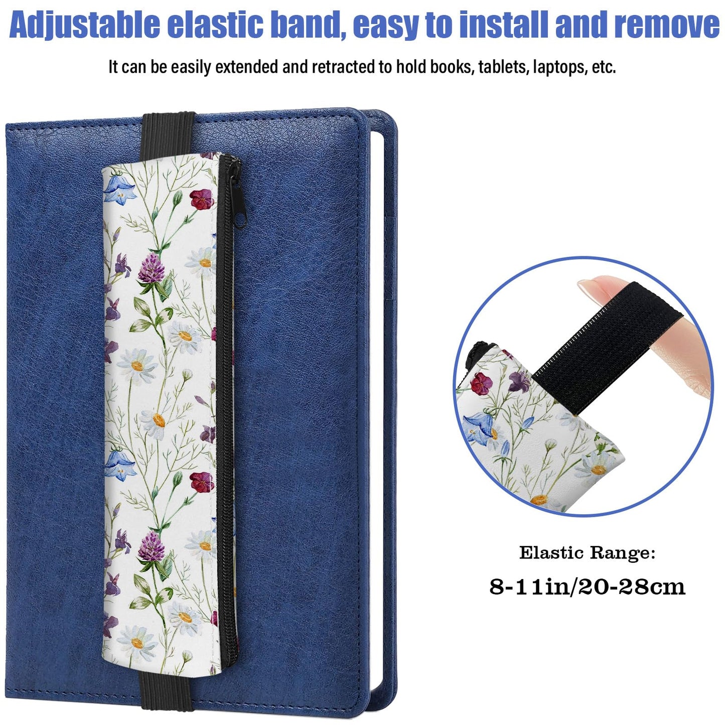Kakurookie 4 Pack Elastic Pen Holder for Notebook, Prints Pen Pouch with Elastic Band and Zipper, Leather Pen Holder for Planners, Journals, Book
