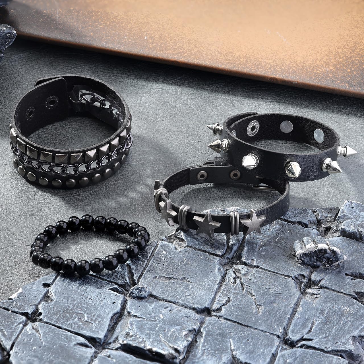 JAZTAKU Mens Spiked Studded Bracelet Black Leather Rivet Punk Bracelet Cuff Wrap Bangle Snap Button Metal Wristband for Men Women