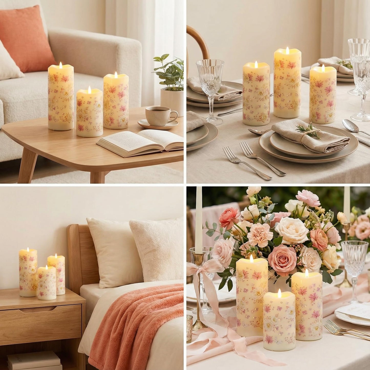 Eywamage Fiber Optic Flameless Pillar Candles with Remote, Floral Butterfly Summer LED Candles Flickering Home Decor Gift Set of 3