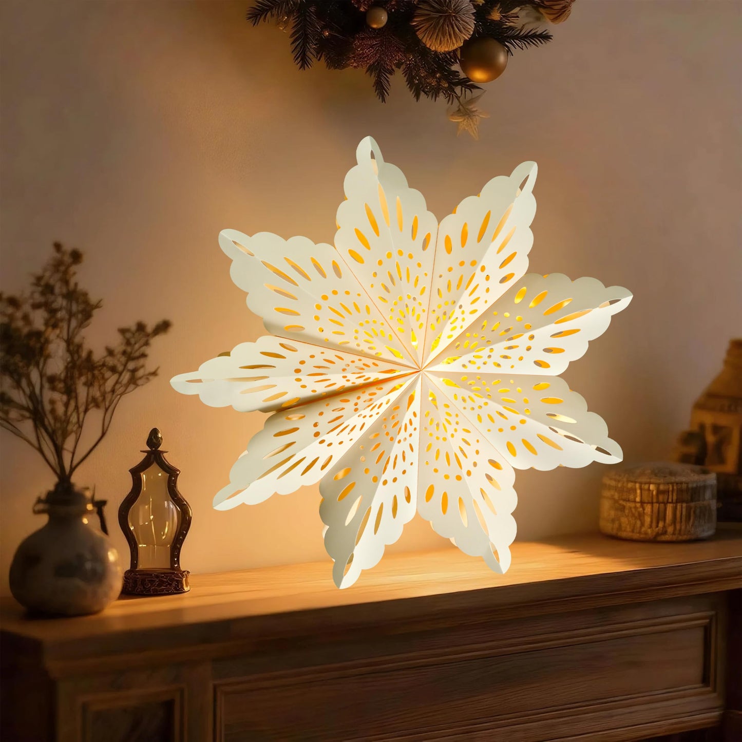 12 Pcs Christmas Paper Snowflake Lanterns, 3D Christmas Paper Star Lanterns with LED Lights, 10/12 Inch White Silver Hanging Snowflake Lamps for Xmas Winter Frozen Weddings New Year Party Decorations