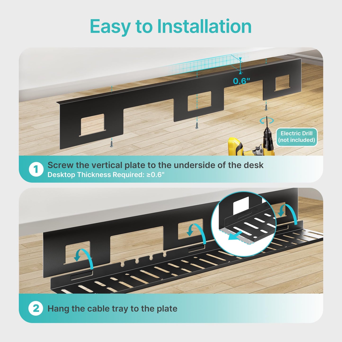 PEGZONE Under Desk Cable Management Tray, 31.5 Inches Metal Cord Organizer Rack, Desk Tray for Power Strip, Cord, Wire, Easy Mounting Cable Management Under Table for Home Office, Black