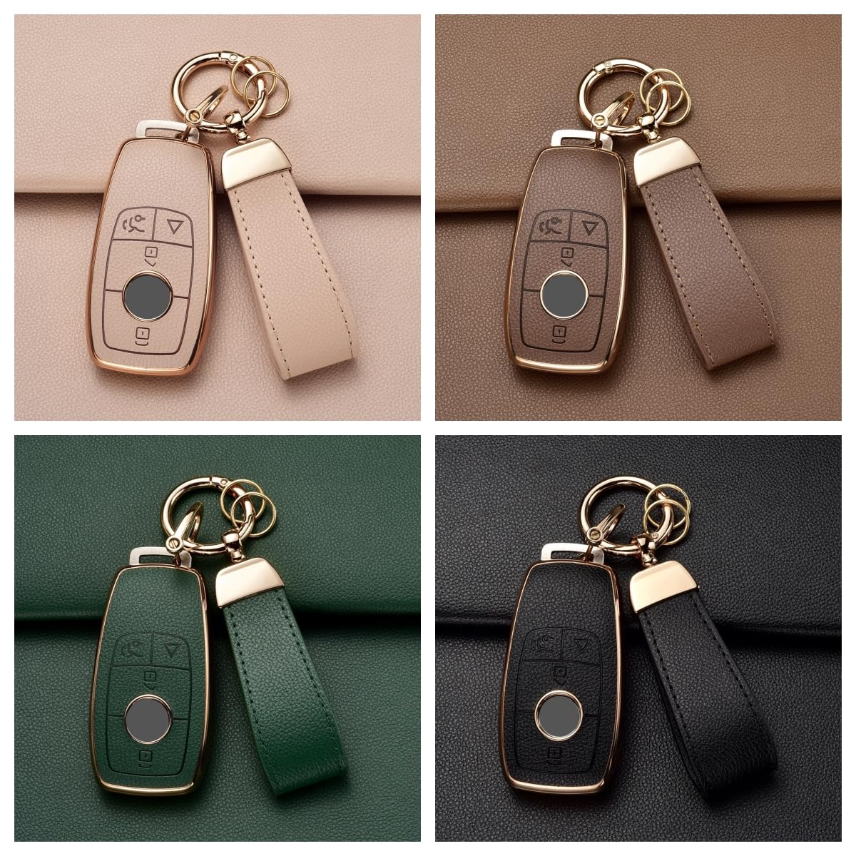 Axtrulix Key Fob Cover for Mercedes Benz with Key Chain, Upper Leather + Soft TPU Key Cover Case Shell for Mercedes C E S GLC CLE EQE EQS 300 350 450 500 560 580 AMG (Brown)