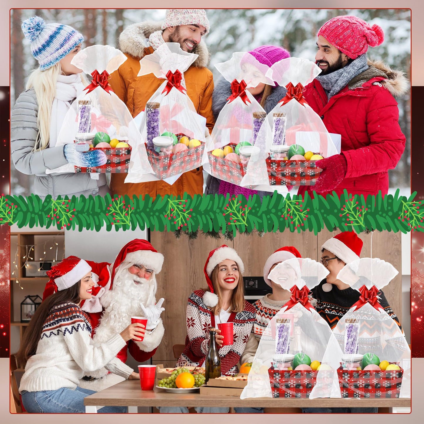 Moinchore 12 Pcs Christmas Snowflake Basket for Gifts Empty 9.8 x 6.5'' Red Black Plaid Cardboard Gift Basket with Bows, Plastic Bags, Twist Ties, Empty to Fill for Holiday Birthday Winter Xmas Party