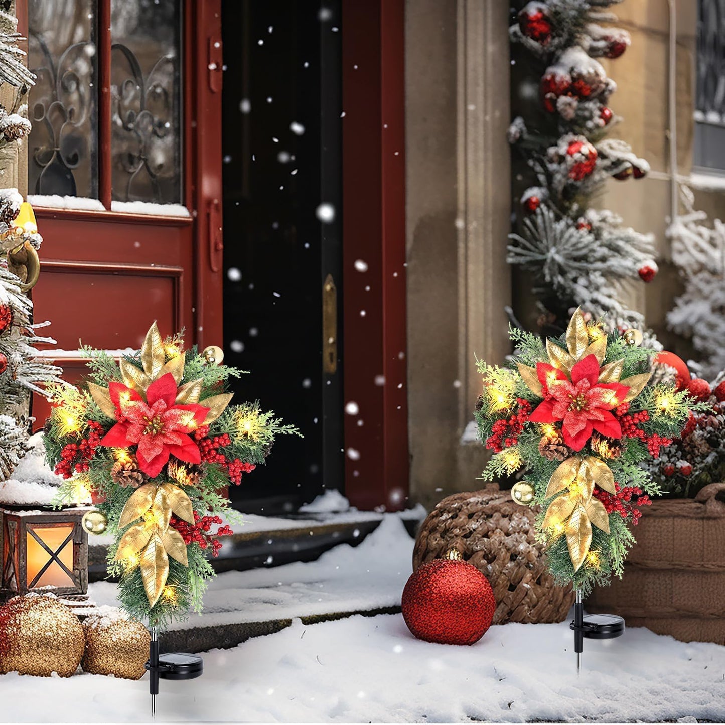 2 Pack 36" Solar Christmas Decorations Outdoor Christmas Cross Stake Lights Waterproof Cemetery Grave Decoration Faux Poinsettia Pine Cones Berries Ornament Stakes for Garden Yard Patio Lawn Cemetery