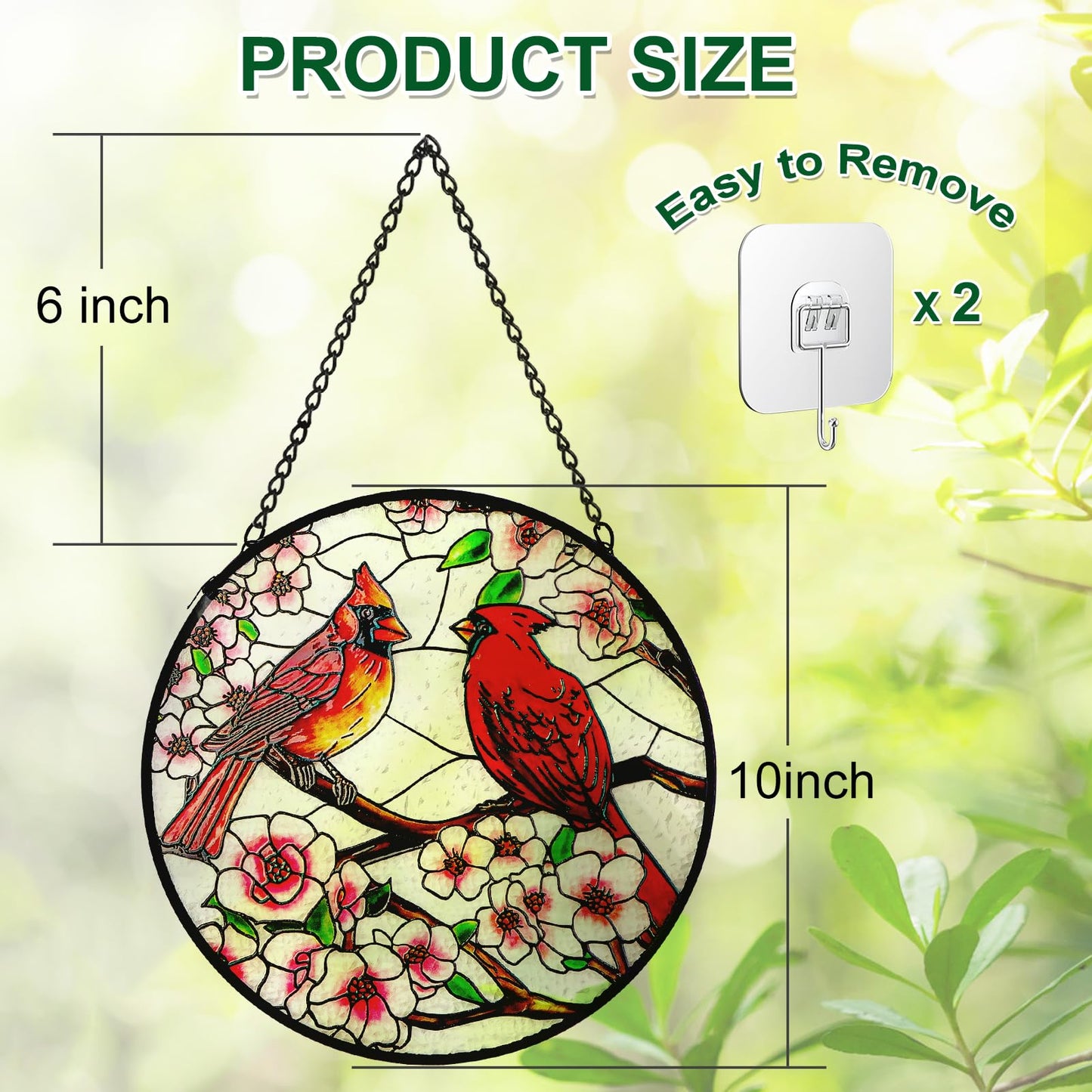 Remiawy Cardinal Stained Glass Window Hanging, 10 Inch Sun Catcher Glass Panel with Metal Chain and Hooks Suncatcher Indoor Window Wall Art Home Decor Gift for Bird Lovers Women Mother's Day Christmas