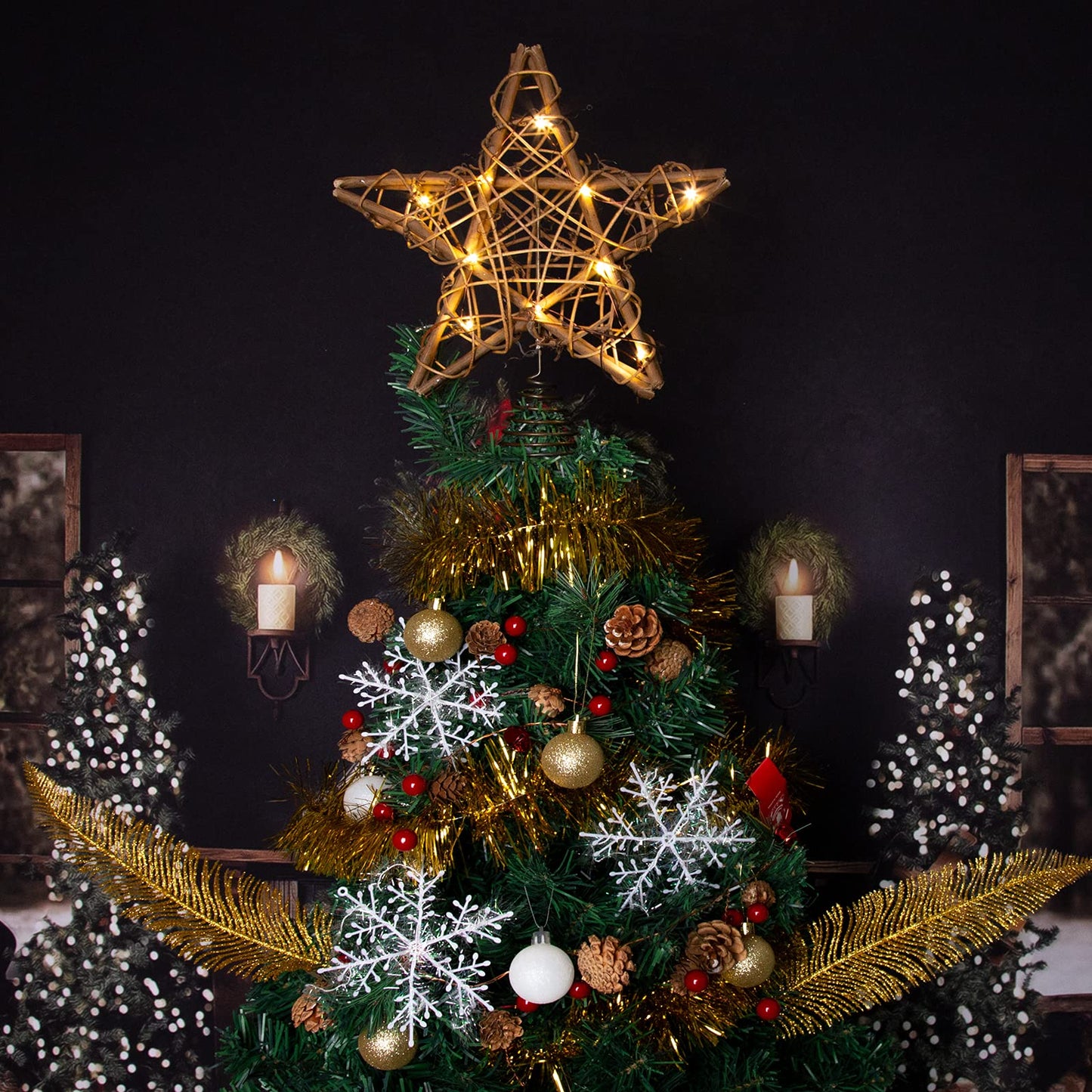LAWOHO Christmas Tree Topper Star, 10-inch Rustic Brown Rattan Natural with 10 Warm White Lights Three Functions with Timer, Seasonal Decoration for Festive Christmas Home Indoor Ornament