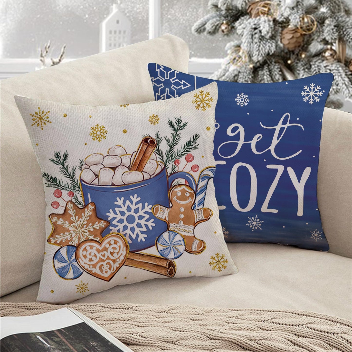 Fjfz Hello Winter Dark Blue Decorative Throw Pillow Covers 18 x 18 Set of 4, Christmas Get Cozy Hot Cocoa Gingerbread Man Porch Outdoor Home Decor, Snowflakes Snowman Seasonal Couch Cushion Case