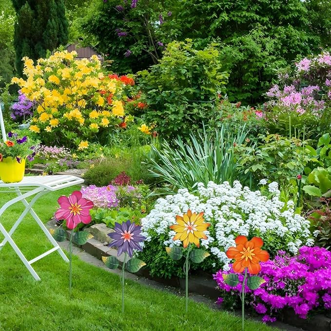 hogardeck Metal Flower Decorative Garden Stakes,4 Pcs 19" Outdoor Garden Decor with Shaking Flower Head Yard Stakes, Yard Art Spring Decorations for Patio Lawn (Pink & Yellow & Purple & Orange)