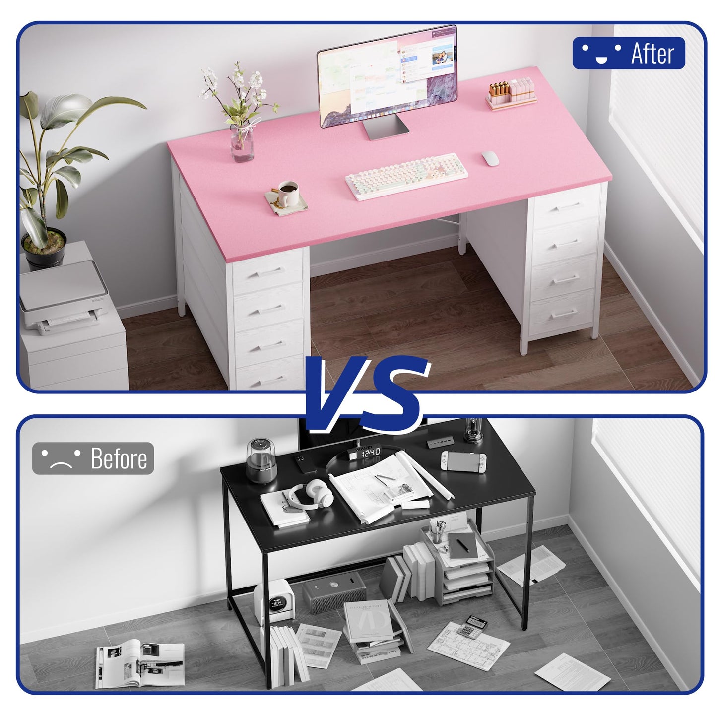 Pamray 47 Inch Computer Desk with 8 Fabric Drawers PC Gaming Desk Home Office Study Work Writing Table for Bedroom Pink