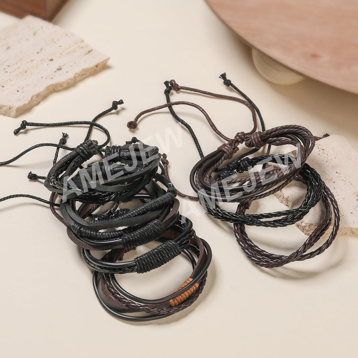 Amejew 36Pcs Braided Leather Bracelets for Men Women Wrap Wood Beads Cuff Bracelet Hemp Cords Ethnic Tribal Handmade Wrap Wristband Bracelets Set Adjustable(36Pcs)