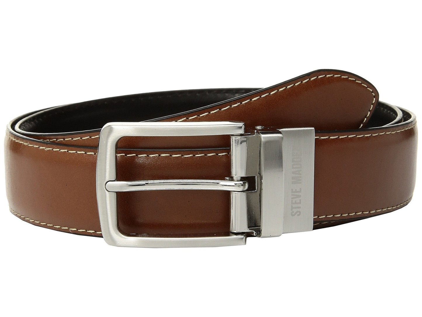 Steve Madden Reversible Men's Dress Casual Every Day Leather Belt, Cognac/Black (Feather Edge), 44
