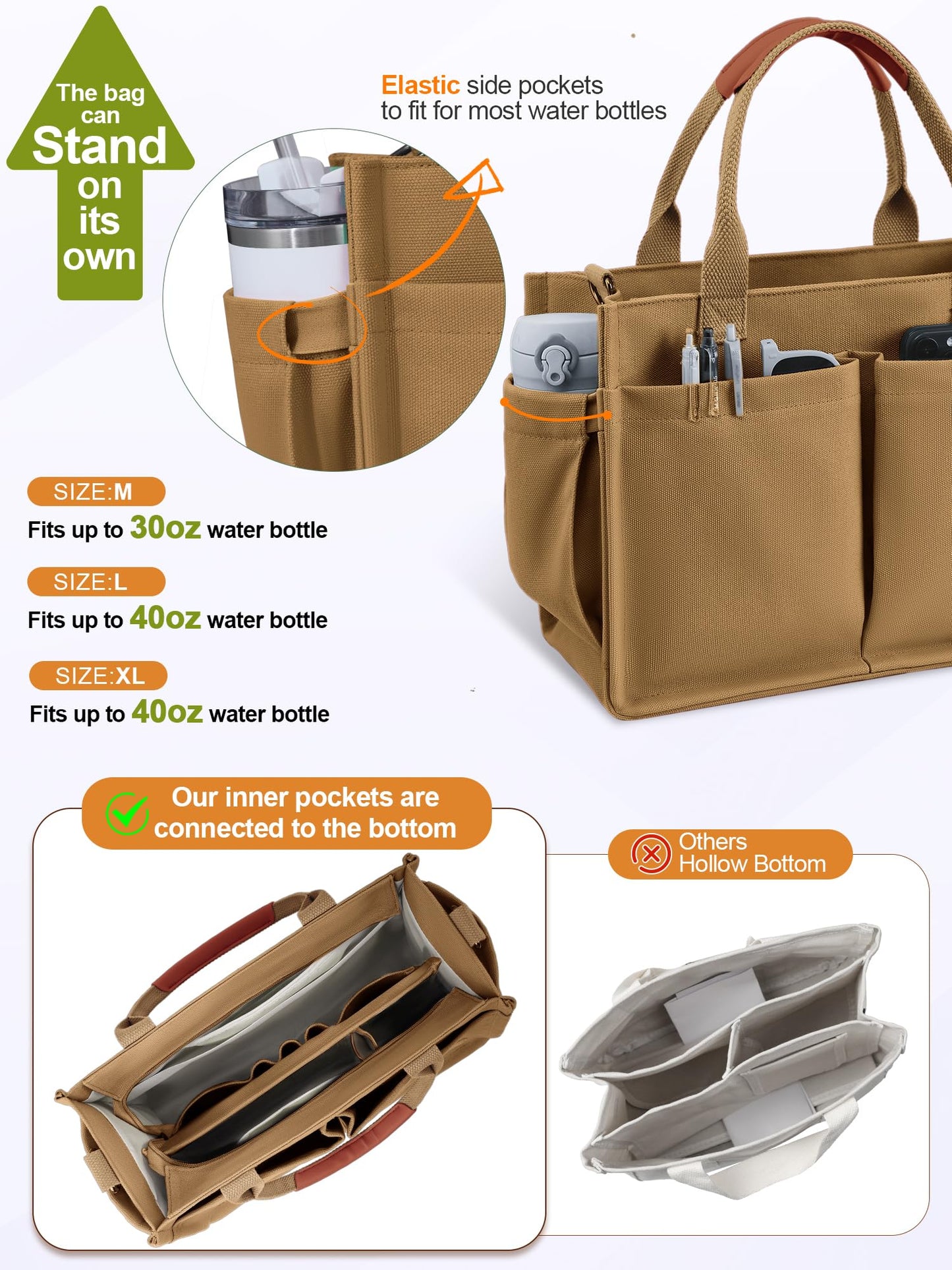 FIORETTO Women's Canvas Tote Bag with Zipper Top, Individual Compartments, Reinforced Bottom, Trolley Sleeve & Adjustable Strap, Doubles as a Crossbody Purse for Work, Travel & Bible, Khaki Brown M