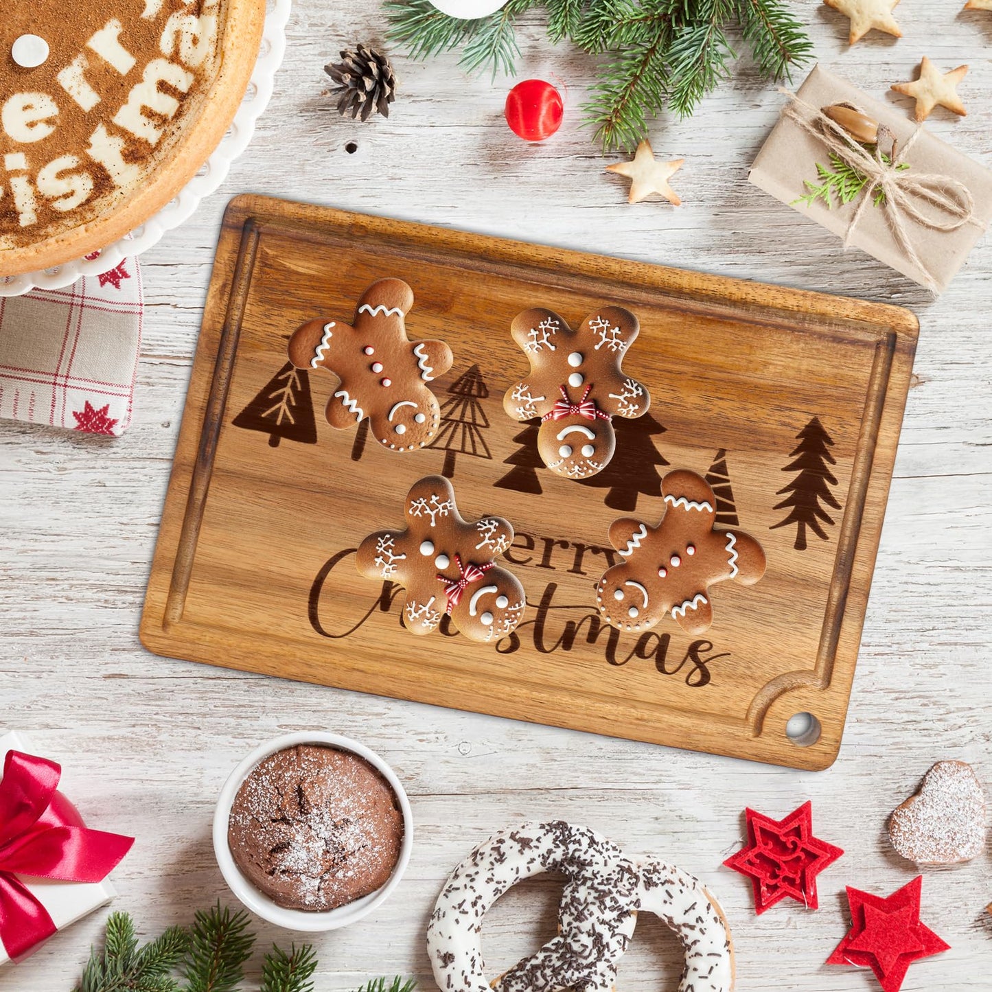 JarThenaAMCS Merry Christmas Wood Cutting Board Xmas Tree Kitchen Chopping Charcuterie Board Serving Platter Tray Dessert Candy Dish for Winter Home Party Gift Decor
