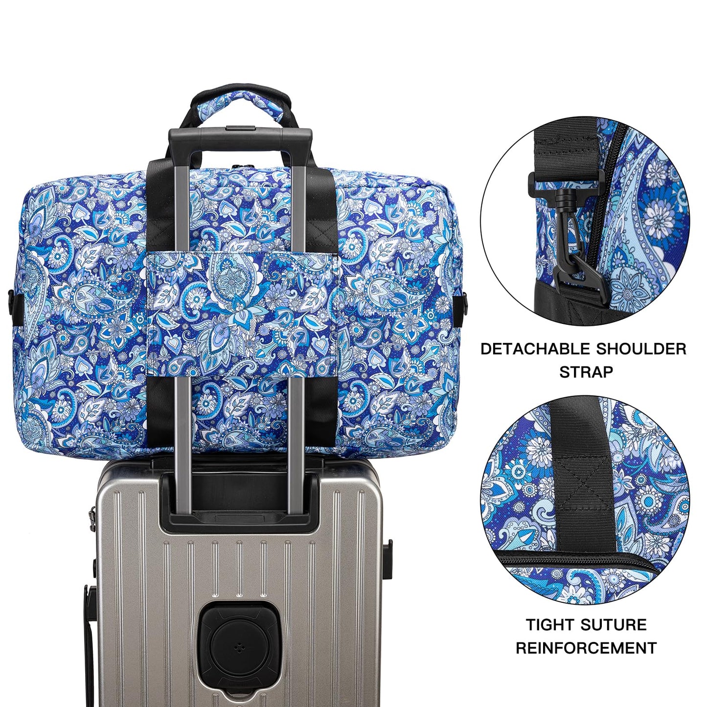 F.FETIVIN Weekender Bag Carry On Travel Duffle Bag Medium Overnight Bag for Women (Blue Paisley)