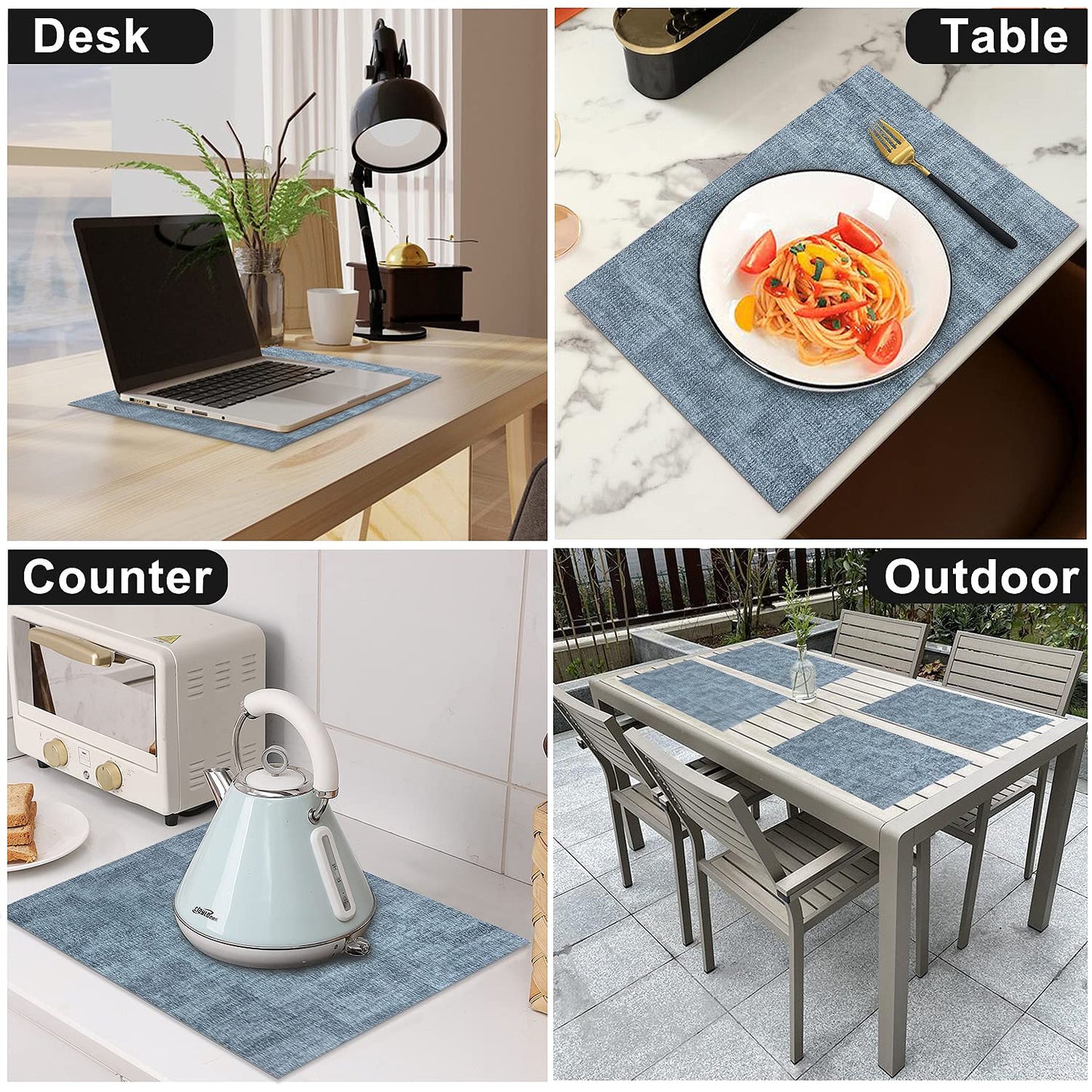 LANDVIEW Leather Heat Resistant Placemats Set of 6 Waterproof Wipeable Washable PU Table Mats,Easy to Clean Anti-Slip (6, Blue)