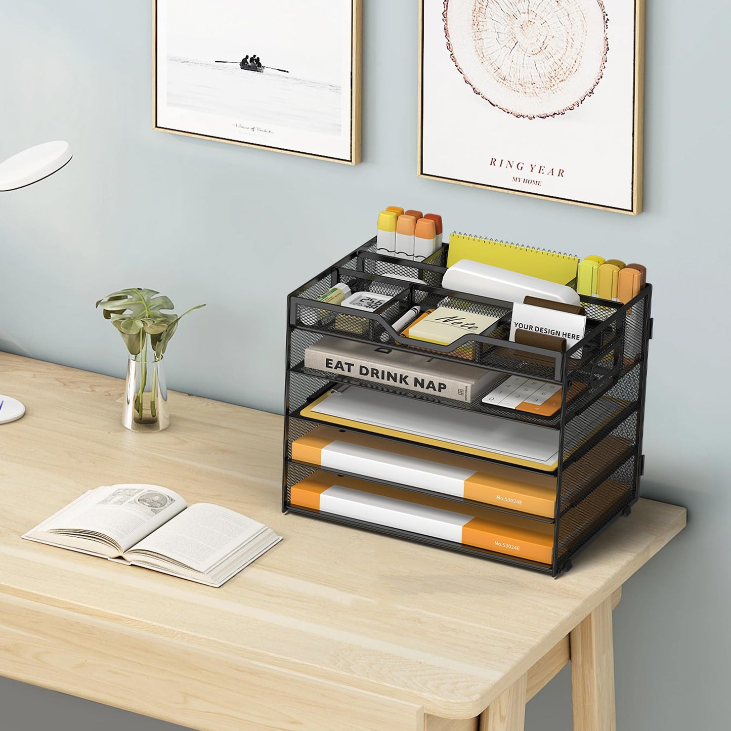 OrgMate 5 Tier Paper Letter Tray with 3 Drop-in Pen Holders, Mesh Desk File Organizer with Handle, Desk Organizers and Accessories for School,Home, Office Supplies Storage-Black