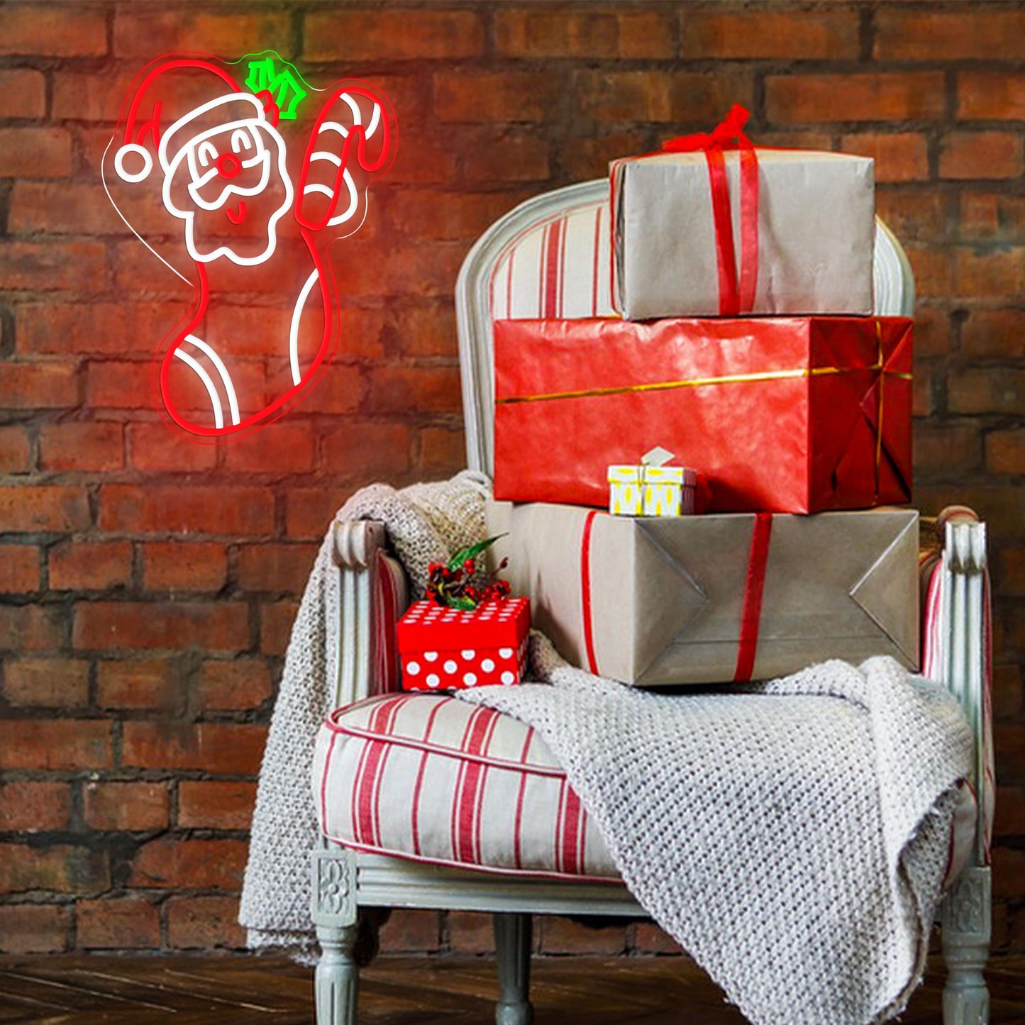 JLEWUINH Merry Christmas Neon Sign Dimmable Santa Claus In Stockings Neon Light USB Powered Holly Led Light up Sign for Christmas Eve Party New Year Home Bar(16.5 * 12.6 In)