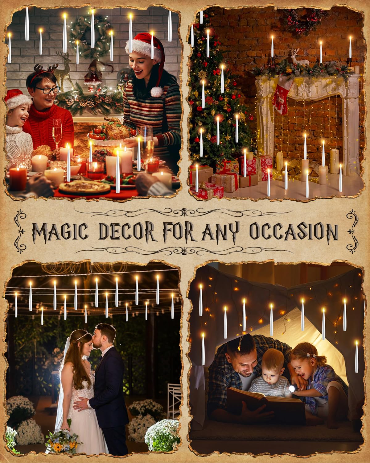 Floating Candles with Wand - 12 Pack Christmas Decorations Magic Flameless Candles Flickering Warm Light LED Hanging Candle Remote, Battery Operated Candles for Christmas Outdoor Indoor Party Decor