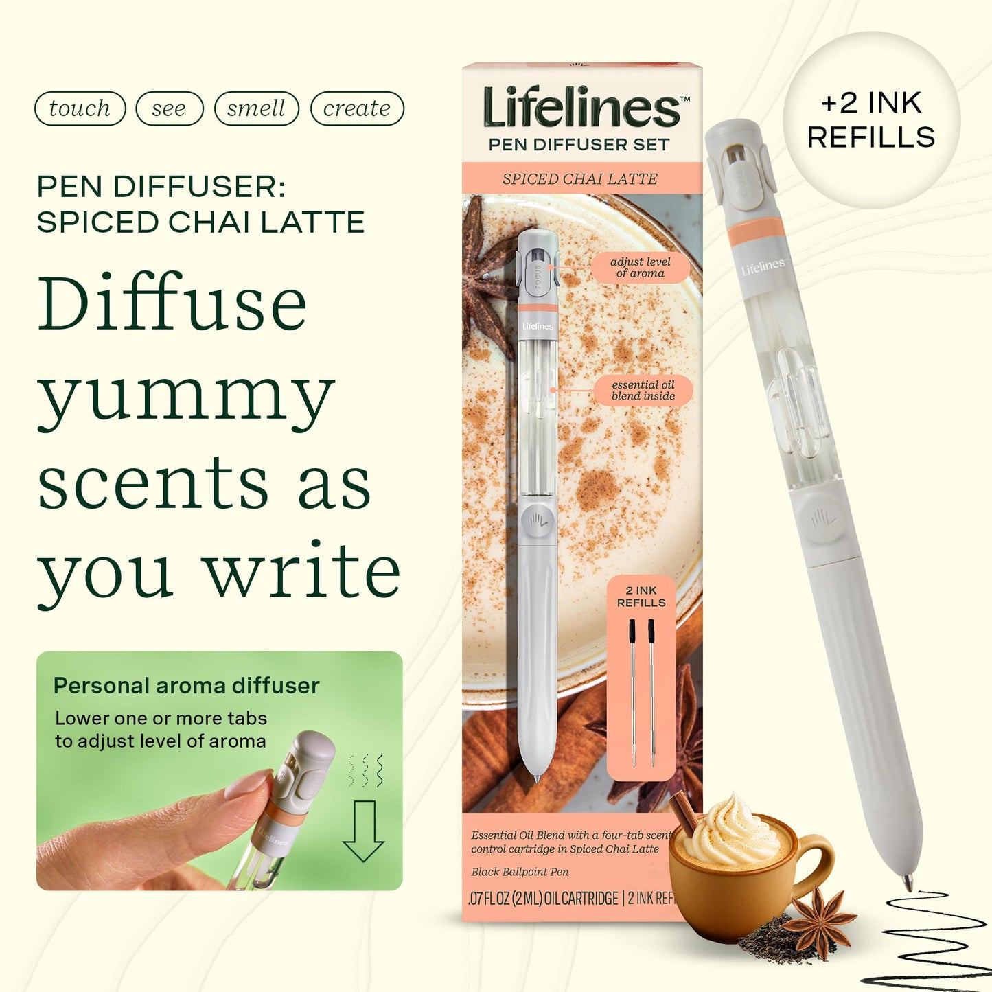 Lifelines Pen Diffuser Set, Spiced Chai Latte - 1mm Black Ballpoint Pen with Scented Essential Oil Blend & 2 Ink Refills – Aromatherapy Diffuser & Sensory Immersion Diffuse Aroma As You Write
