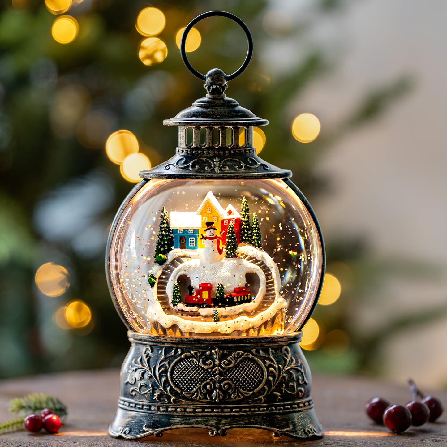 Christmas Village Snow Globe Lantern – LED Musical Swirling Glitter Water Globe, Snowy Village with Train, Battery or USB Powered, Auto Timer – Tabletop Decor & Gift