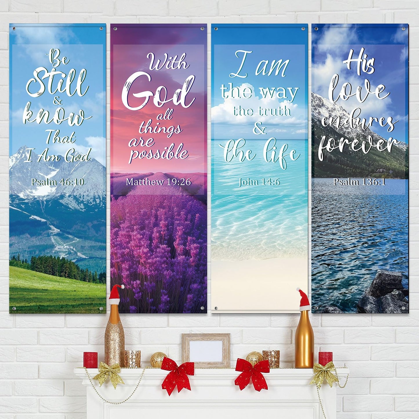 4Pcs Church Banners for Sanctuary Wall Welcome Inspirational Religious Banners Hanging Backdrop Scenic Pattern Church Banner with Scripture Bible Verses Exquisite Banner for Church School Decor