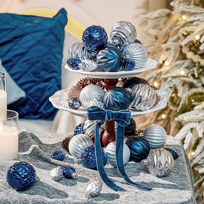JORNOY Blue and Silver Christmas Tree Ornaments - 2.36inch/60mm Shatterproof Ornaments for Christmas Tree Set Plastic Decorative Hanging Balls Ornaments for Xmas Tree Decorations, 40ct (Blue & Silver)