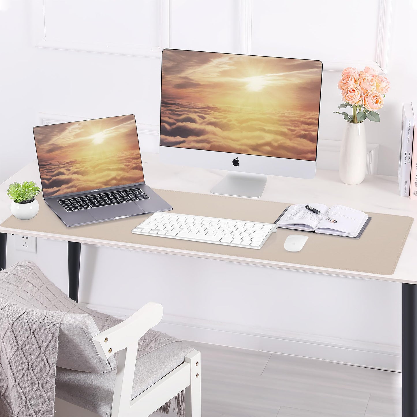 Leather Desk pad Protector, Large Desk mat with Natural Cork & PU Leather,Mouse pad,Non-Slip Office Desk Mat,Waterproof Desk Writing Pad for Office and Home (35in*17in,Beige)