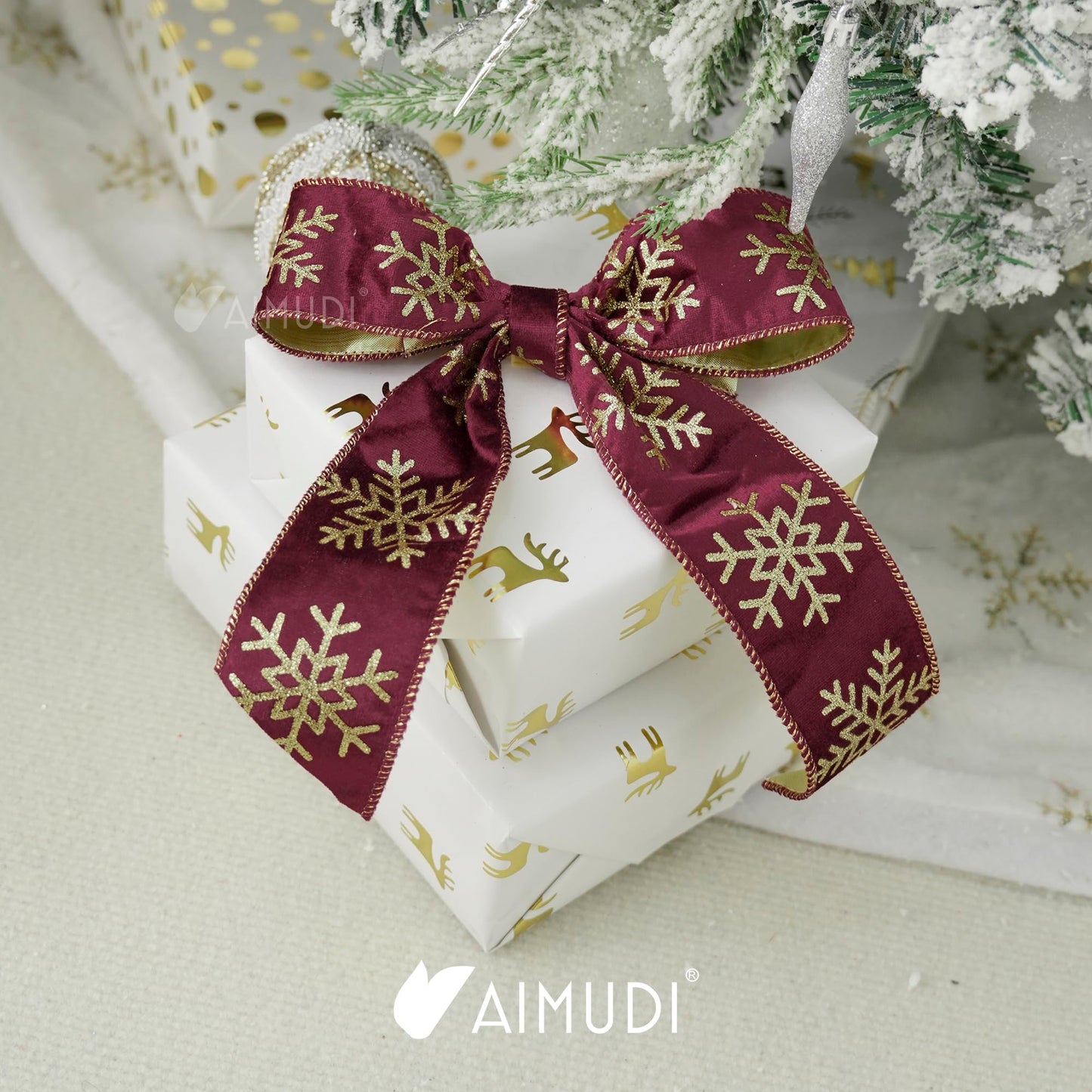 AIMUDI Burgundy and Gold Christmas Velvet Ribbon Wired 2.5 Inch Glitter Snowflake Wired Ribbon for Wreaths, Christmas Tree, Gift Wrapping, Garland, Holiday Crafts, Topper Bows, 10 Yards