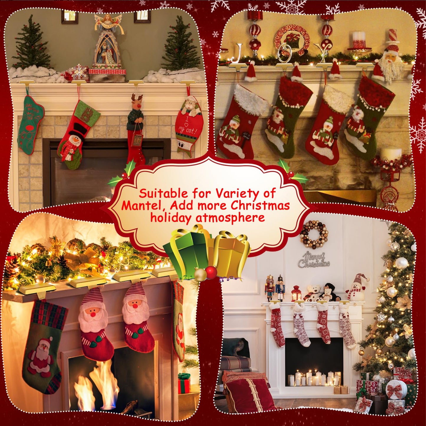 ToiULik Set of 6 Metal Christmas Stocking Holders for Mantle Heavy Duty Stocking Hangers Stocking Hook Christmas Ornaments for Counter Tables Window Fireplace Mantle Decoration(Gold)