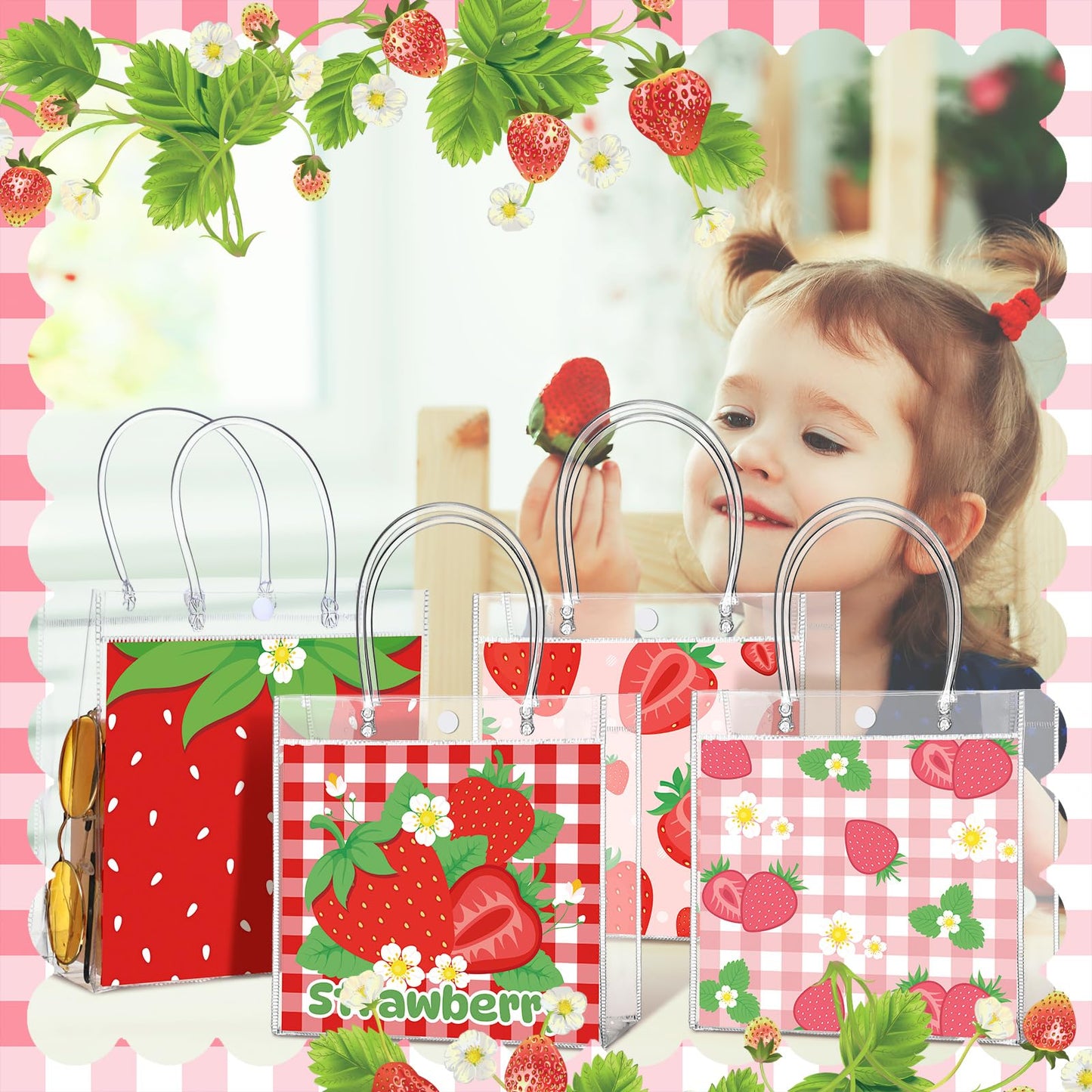 Teenyyou 24 Pcs Strawberry Party Favor Bags Clear PVC Goodie Treat Tote Gift Bags with Handles Strawberry Theme Birthday Party Supplies