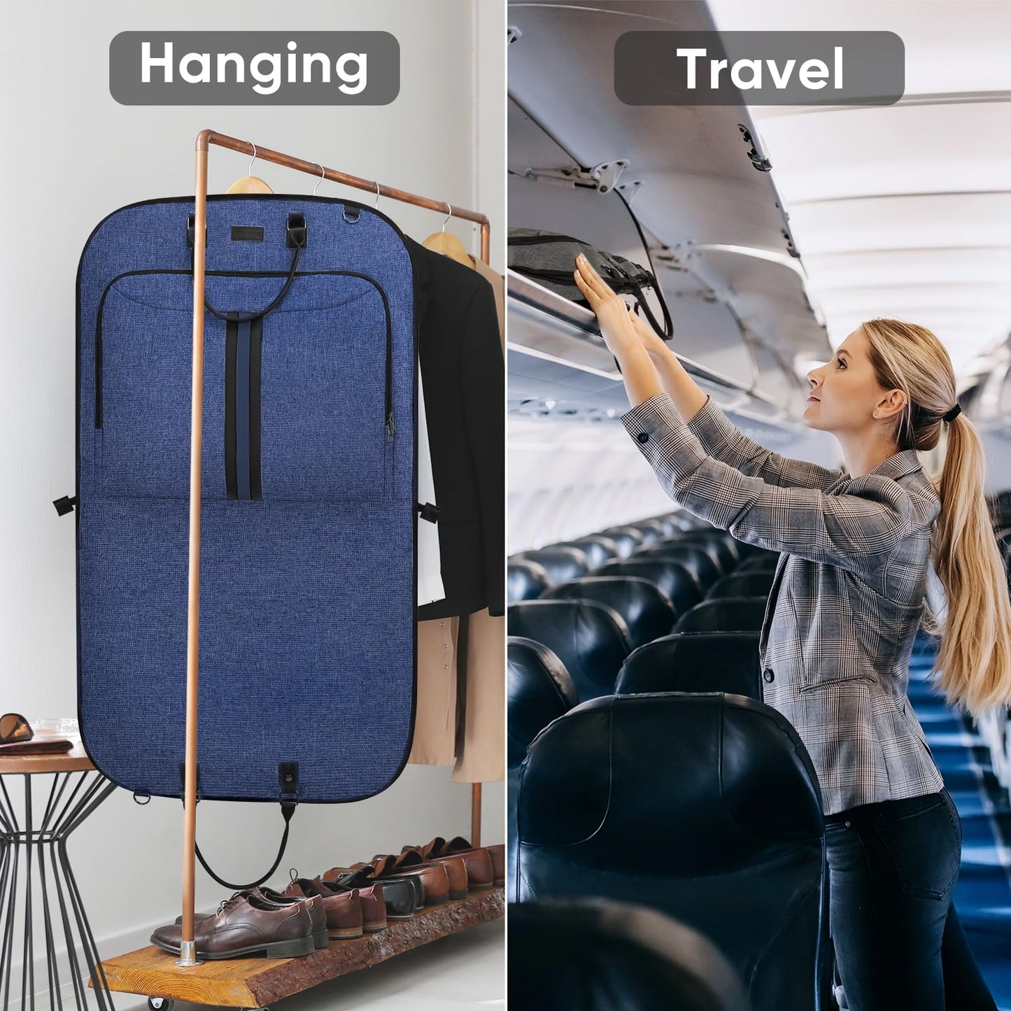 BALEINE Travel Garment Bag, Travel Suit Bag for Men, Water Resistant Carry on Garment Bag for Hanging Clothes, Garment Duffel Bag for Travel Business (Blue)