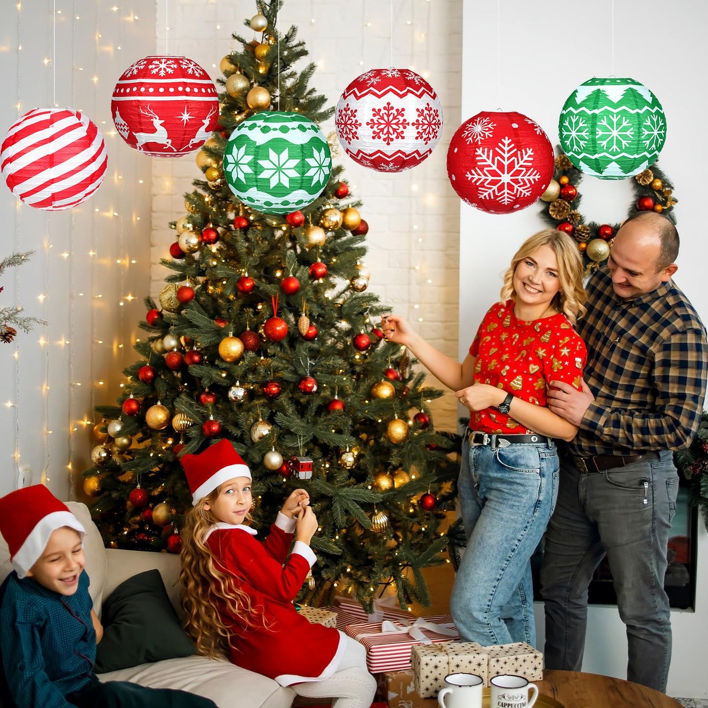 Bencailor 12 Pcs Summer Christmas Hanging Paper Lanterns Set Xmas Decorative Party Round Hanging Lamps for Summer Xmas Home Decoration Supplies Props Holiday Decor(12 Inch,Noble)