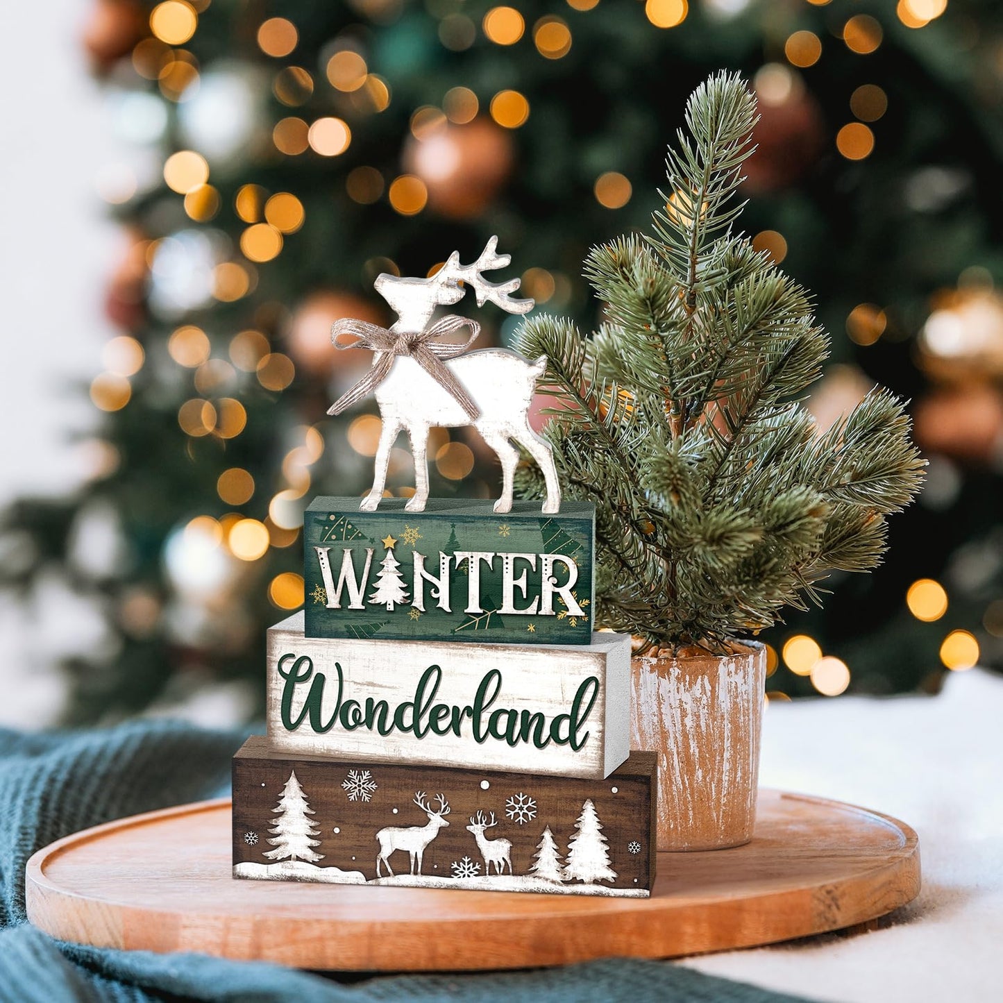 Yousoontic 4 Pcs Winter Decor Woodland Christmas Wooden Sign Blocks Table Centerpiece with Reindeer Snowflakes Trees Rustic Holiday Decorations for Farmhouse Winter Home Indoor