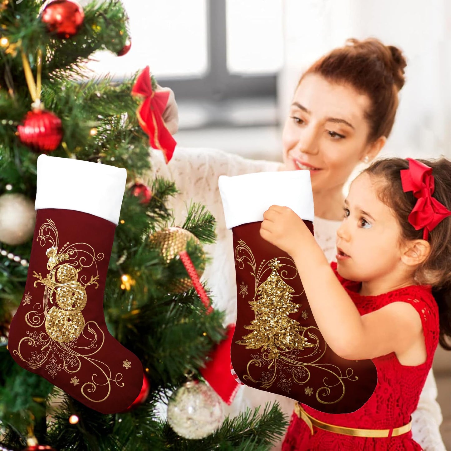 Roycraft Christmas Stockings Set of 6 Velvet Gold 19 inches Red Sequins Christmas Stockings Fireplace Hanging Ornament for Family Decorations Holiday