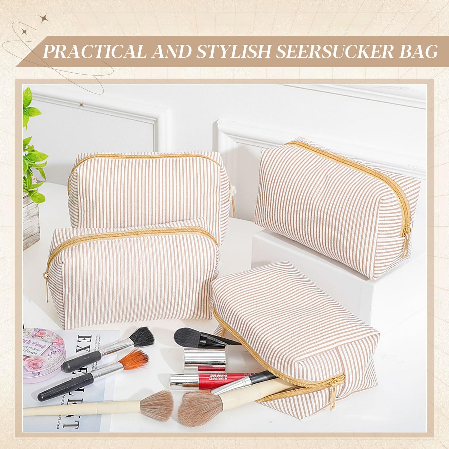 Sanwuta 6 Pcs Seersucker Cosmetic Bags Bulk Seersucker Makeup Bags Stripe Women Pouch Large Preppy Storage Pouch Toiletry Travel Organizer for Wedding Bridesmaid Bride Favor Mom Gift (Khaki)