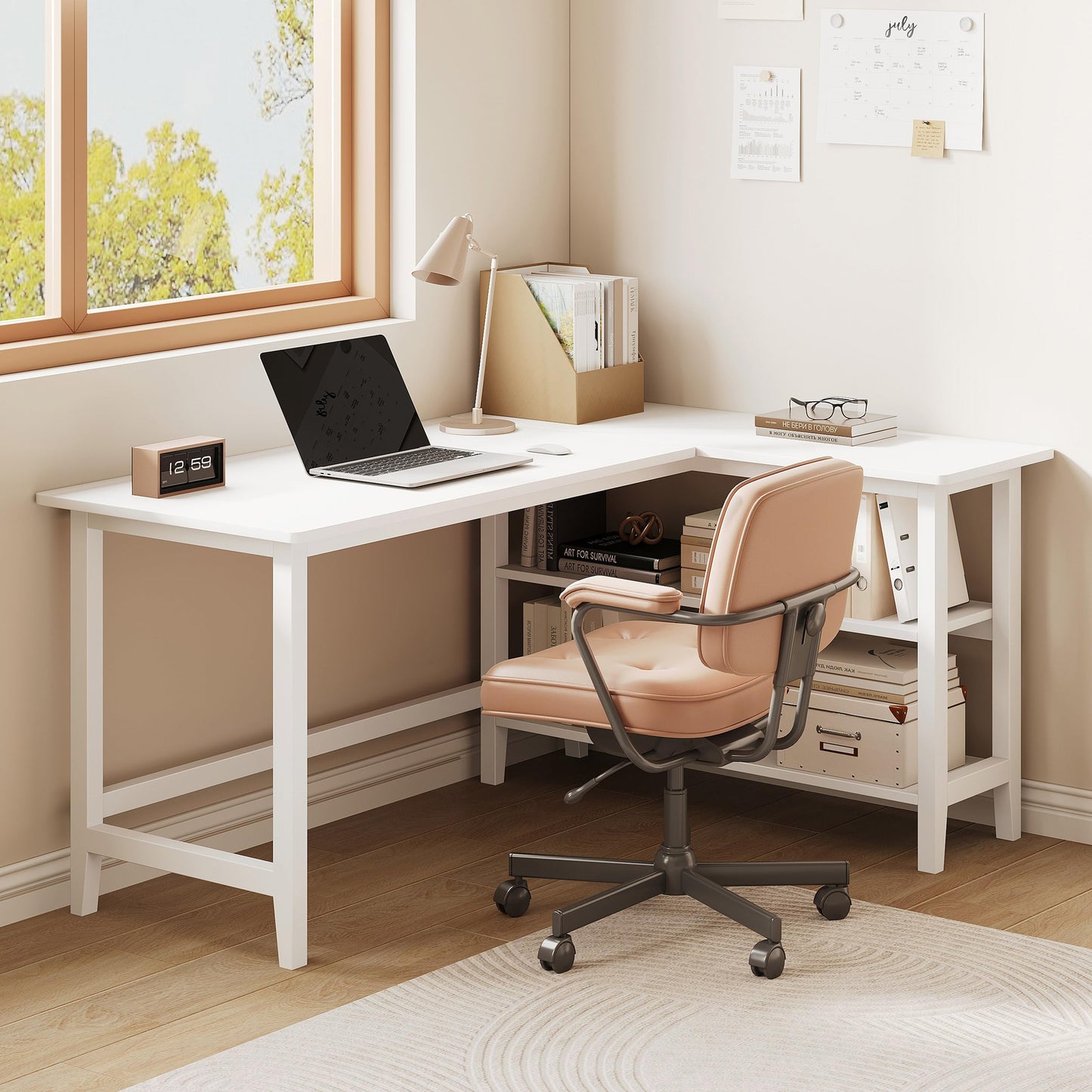IOTXY Reversible L-Shaped Office Desk - 53" Modern Corner Computer Table with Storage Shelves, Solid Wood Legs, Home Writing & Study Workstation, White