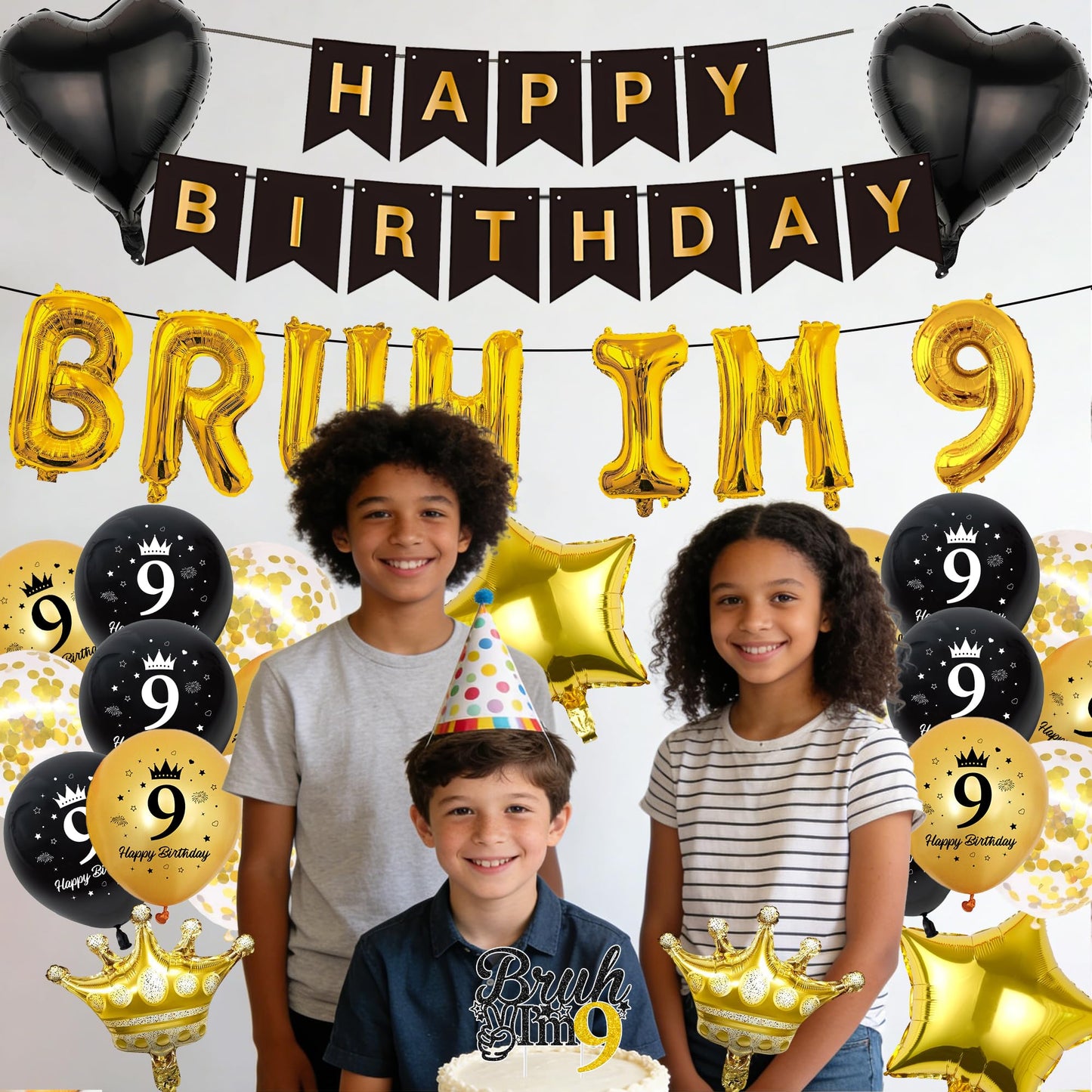 9th Birthday Decorations Balloons Boys - 33 Pcs Black Gold Happy Bday Banner Bruh Im 9 Letter Number Star Crown Foil Balloon Cake Topper Centerpieces Party Supplies for Nine Year Old Backdrop Decor