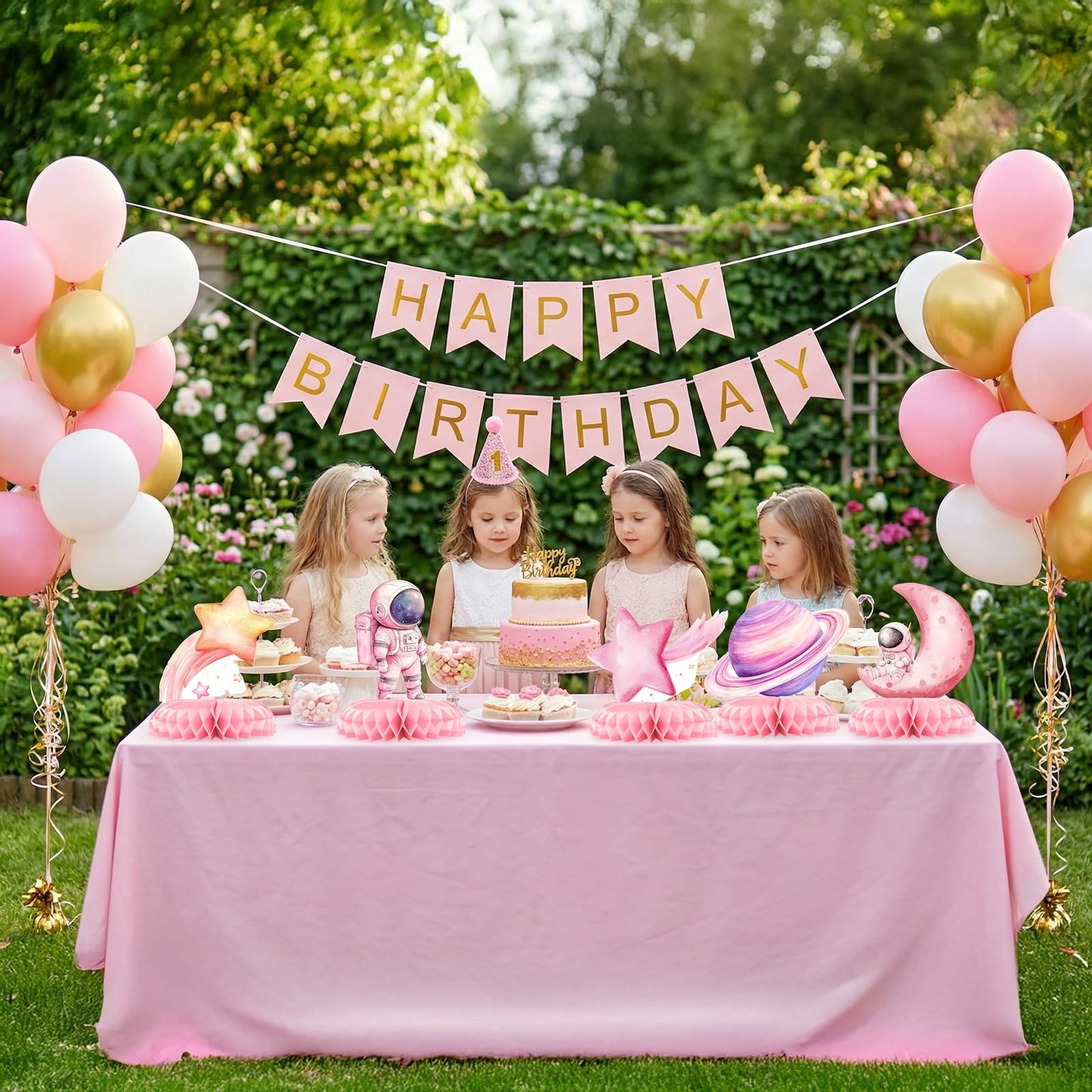 12 Pcs Pink Space Baby Shower Decorations for Girl - Outer Space Girl Party Supplies - Pink Astronaut Rocket Moon Star Centerpieces for Tables - Galaxy Honeycomb Table Decor for Baby Shower