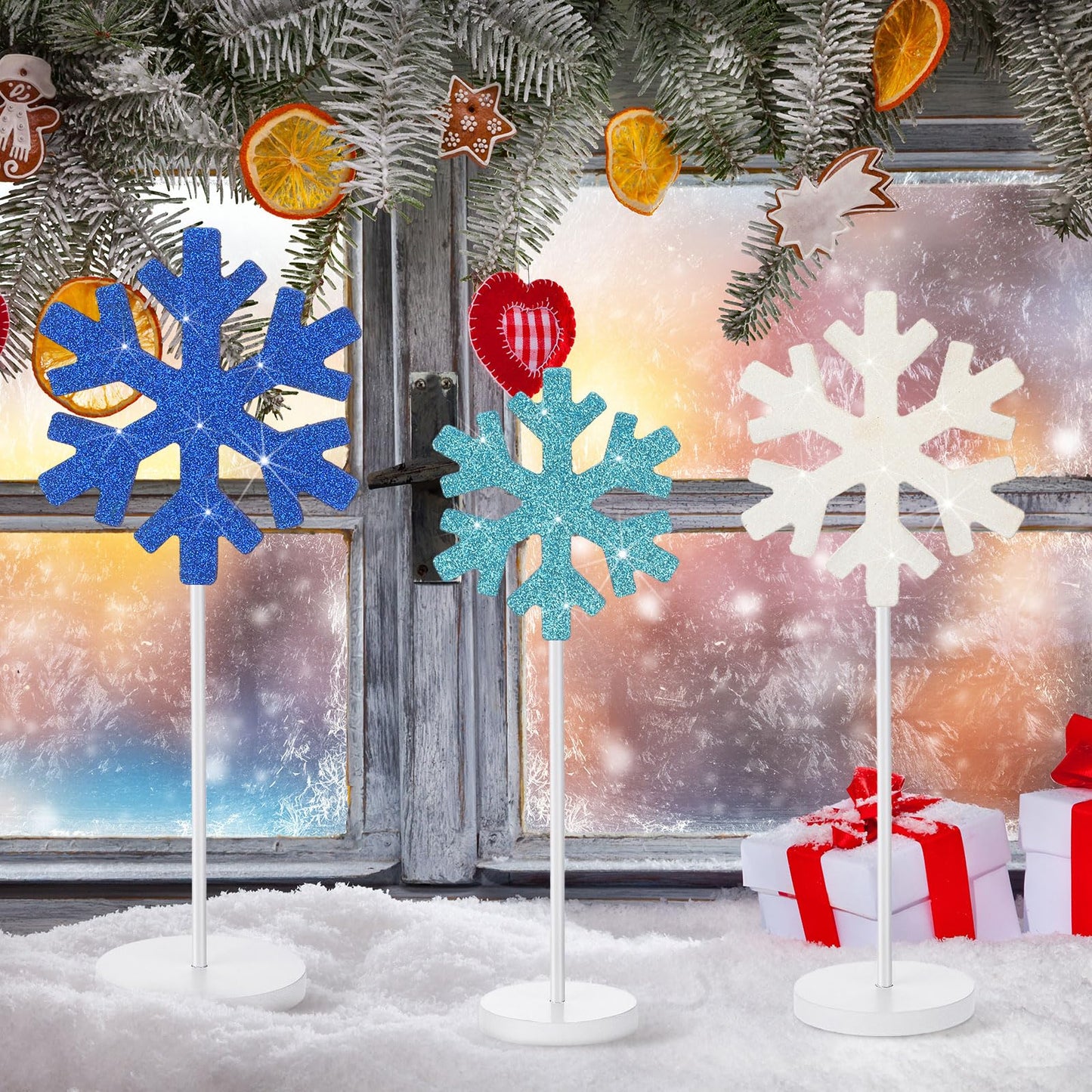 Purpeak 6 Pcs Winter Snowflake Table Decorations Tall Standing Snowflake Wood Block Sign Winter Wooden Snowflakes Standing Table Sign Blue Snowflakes Tabletop Decor for Xmas Winters Party Decoration