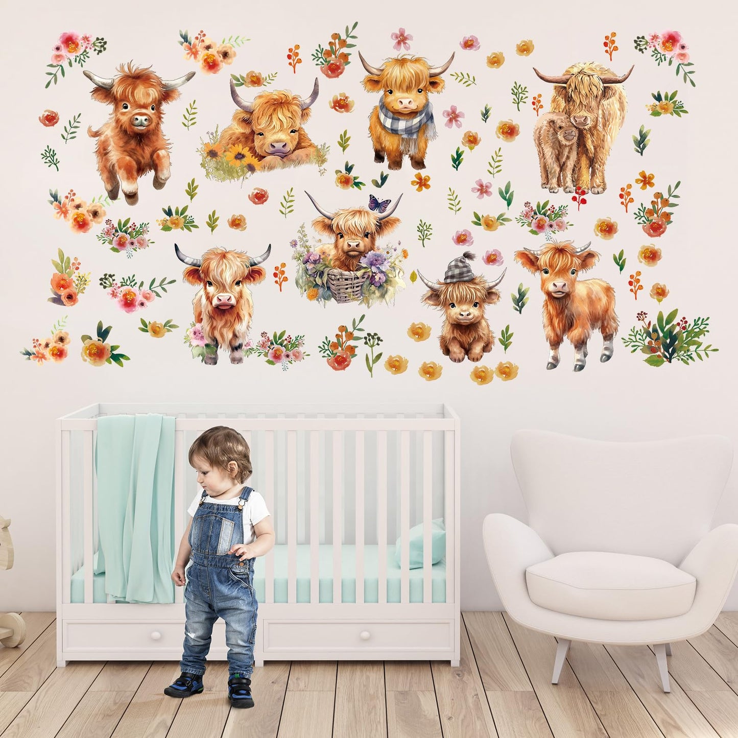 Yinder 12 Sheet 78 Pcs Highland Cow Wall Decals Baby Wall Stickers Cute Highland Cow Sticker for Kids Baby Room Bedroom Bathroom Classroom Living Room Nursery Decor