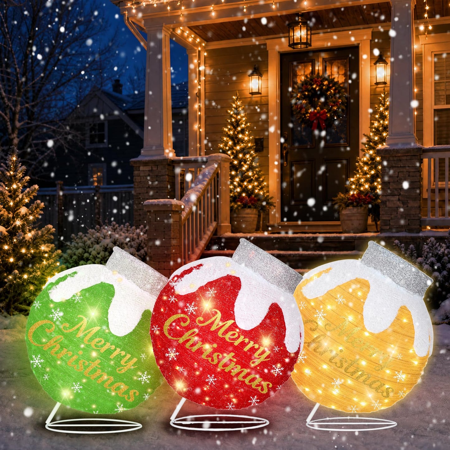 Outdoor Christmas Ball Ornaments, Collapsible Pop-Up Lighted Christmas Decorations with 80 Bright LED Lights, 8 Light Modes, Weatherproof Large Holiday Ball Decor for Yard, Lawn, Home(Red/Green/Beige)