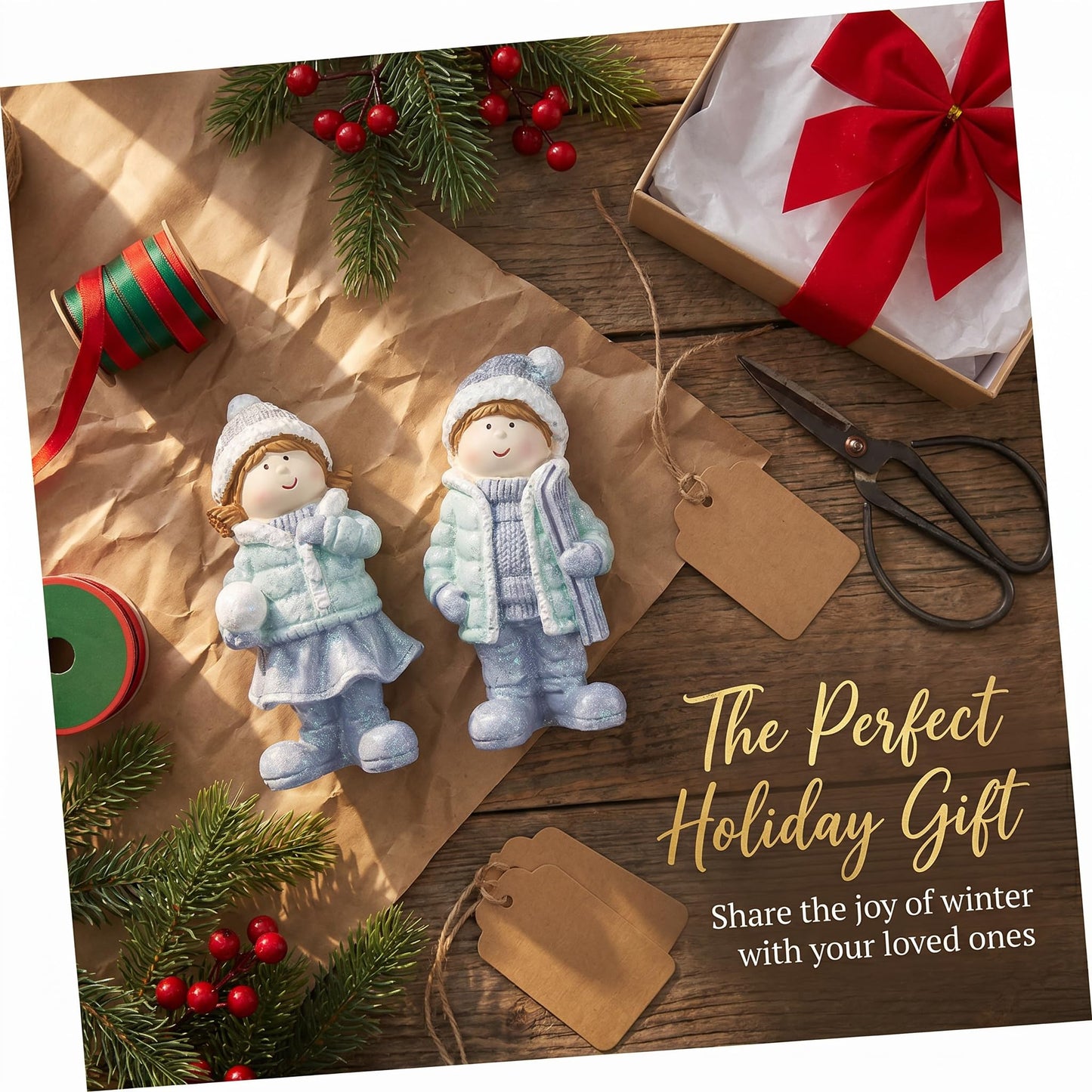 Brizoria Miniature People Figurines Set of 2 Glitter Resin Boy and Girl Winter Decorations for Home Indoor Tabletop Mantel Shelf Cute Christmas Home Decor Small Tiny People Figurines
