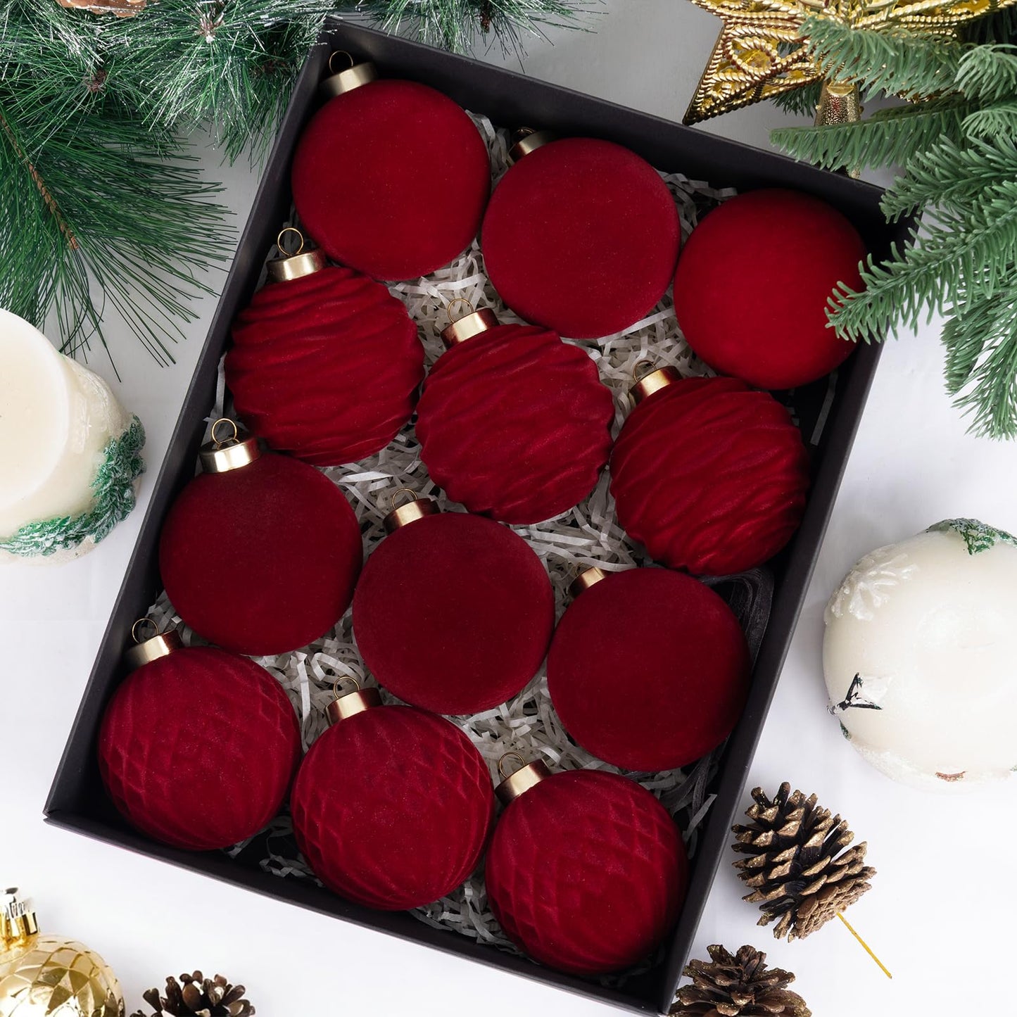 Festiva Christmas Tree Ornaments Velvet Balls - 12 Pcs Burgundy Red Shatterproof Christmas Tree Ornaments Velvet Balls, for Xmas Wedding Party Holiday Decorations (Gift Box)