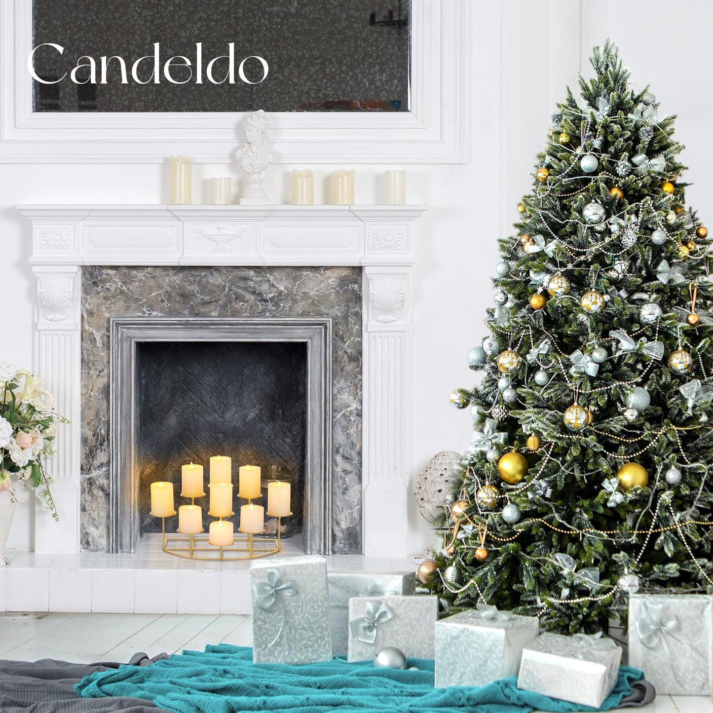 Candeldo Candelabra Fireplace Candle Holder: Gold Metal Pillar Candle Holders for Inside Fireplace Mantle Decor Floor Candelabras Table Centerpiece